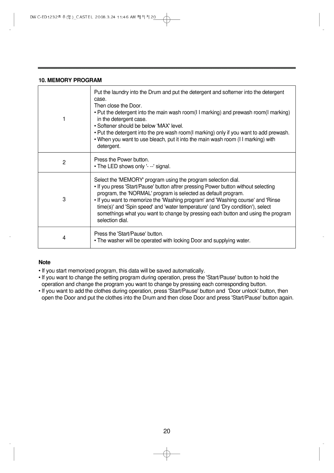 Daewoo DWC-ED1232 instruction manual Memory Program 