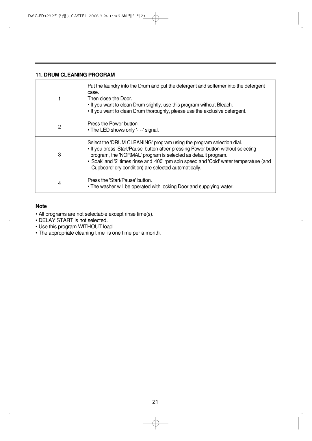 Daewoo DWC-ED1232 instruction manual Drum Cleaning Program 