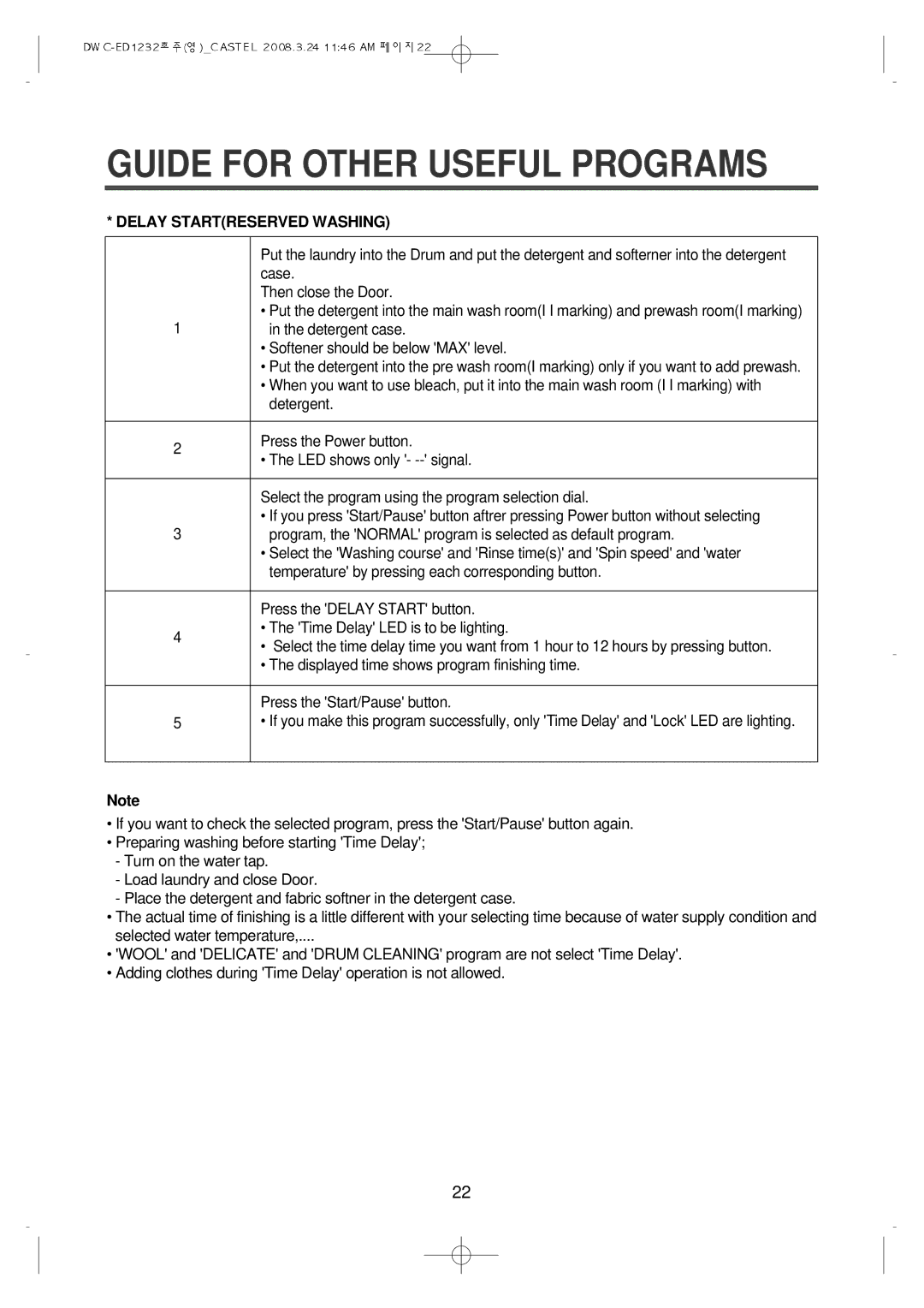 Daewoo DWC-ED1232 instruction manual Guide for Other Useful Programs, Delay Startreserved Washing 