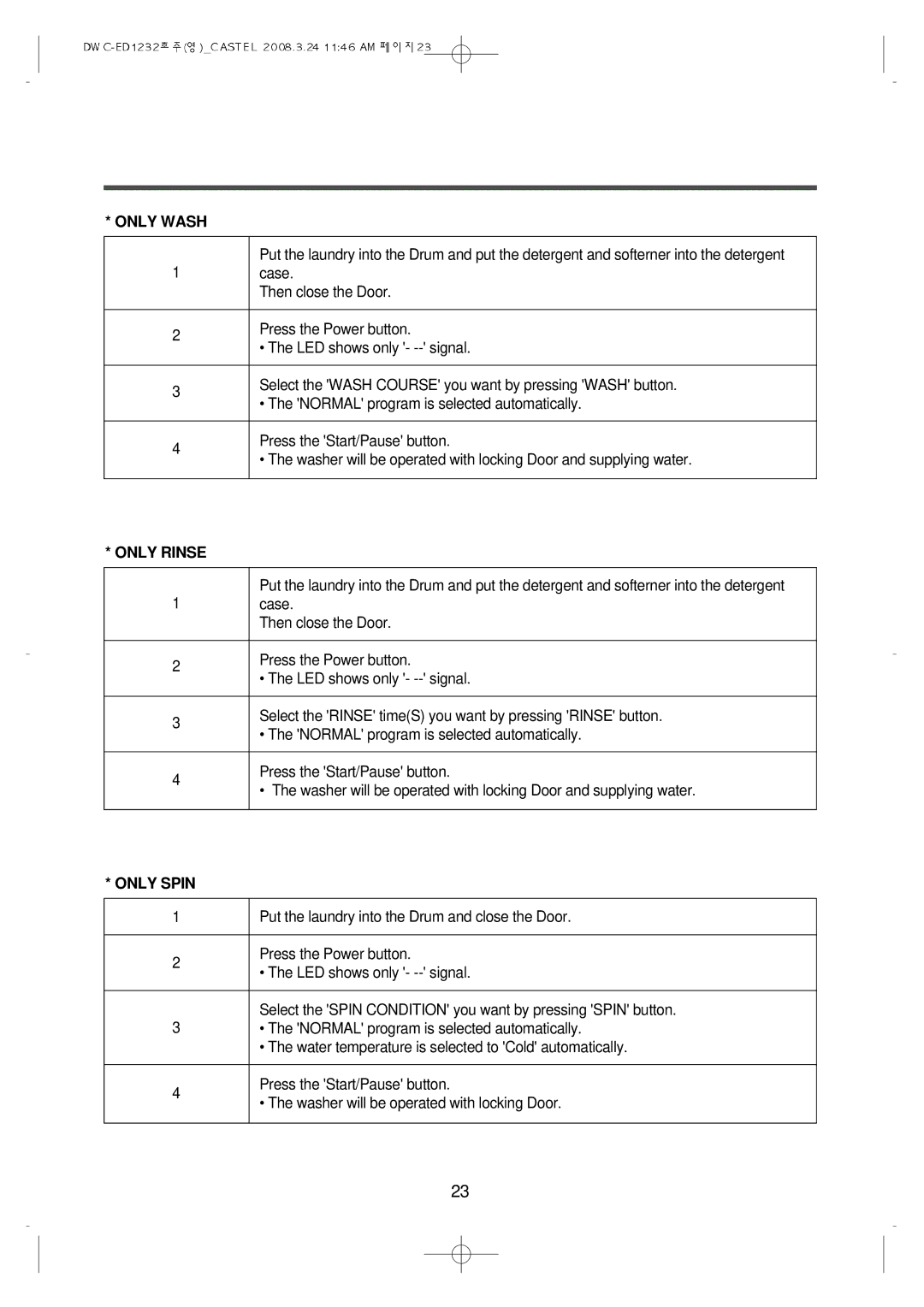 Daewoo DWC-ED1232 instruction manual Only Wash, Only Rinse, Only Spin 