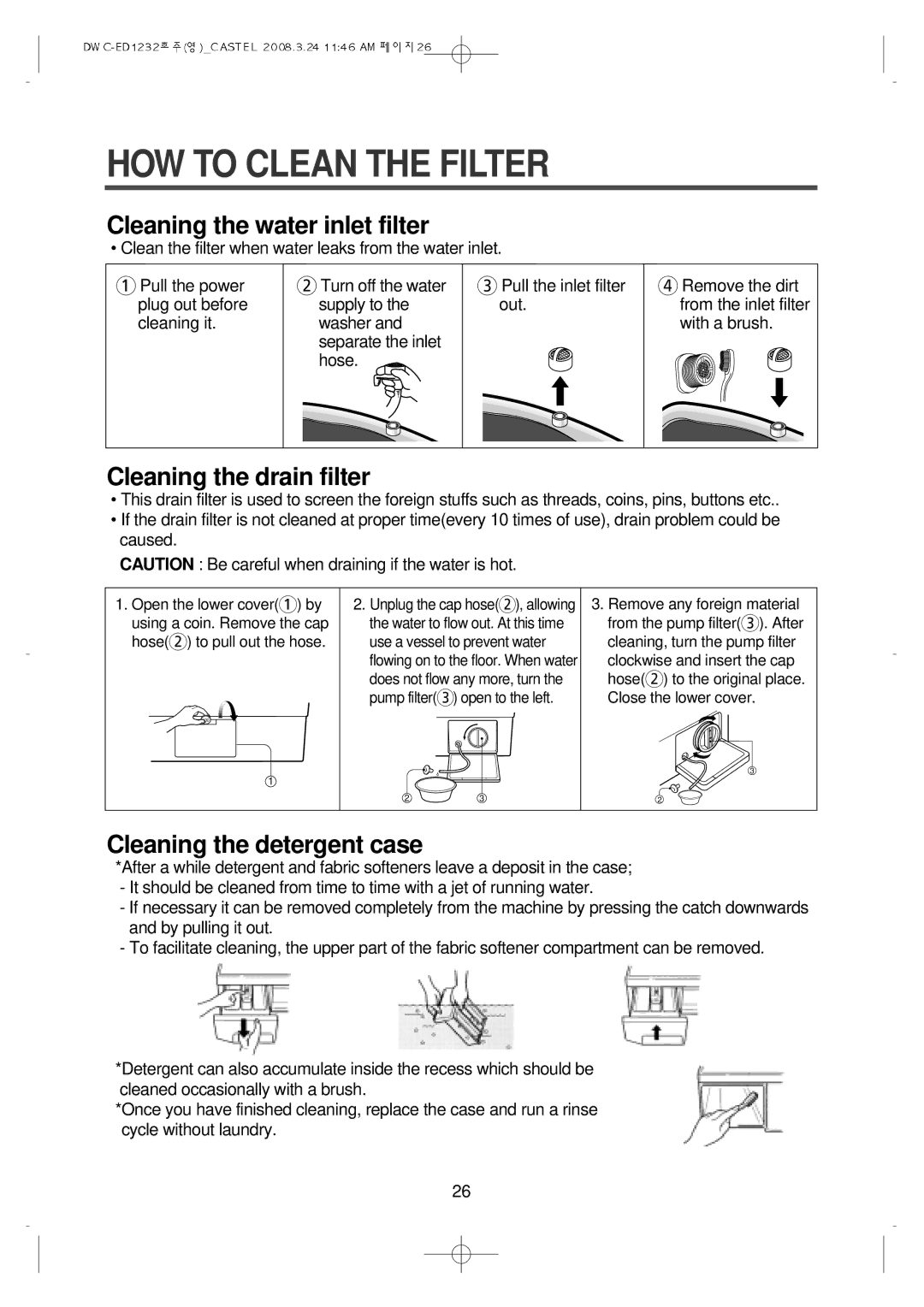 Daewoo DWC-ED1232 instruction manual HOW to Clean the Filter, Cleaning the water inlet filter 