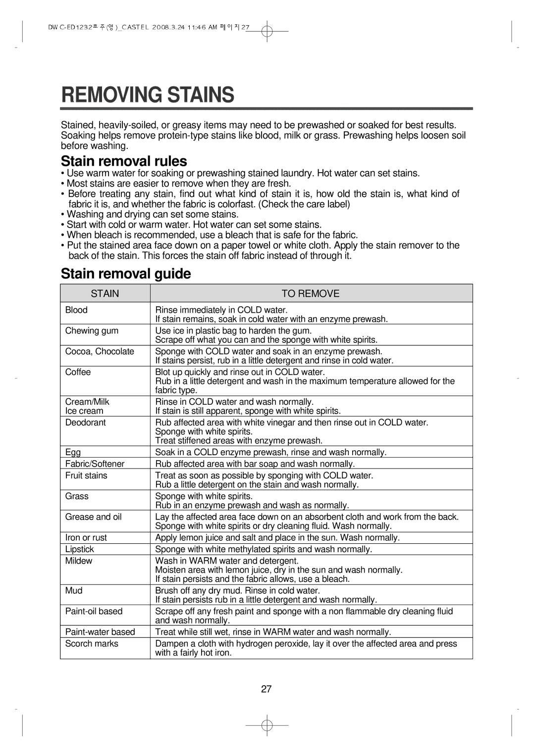 Daewoo DWC-ED1232 instruction manual Removing Stains, Stain removal rules 