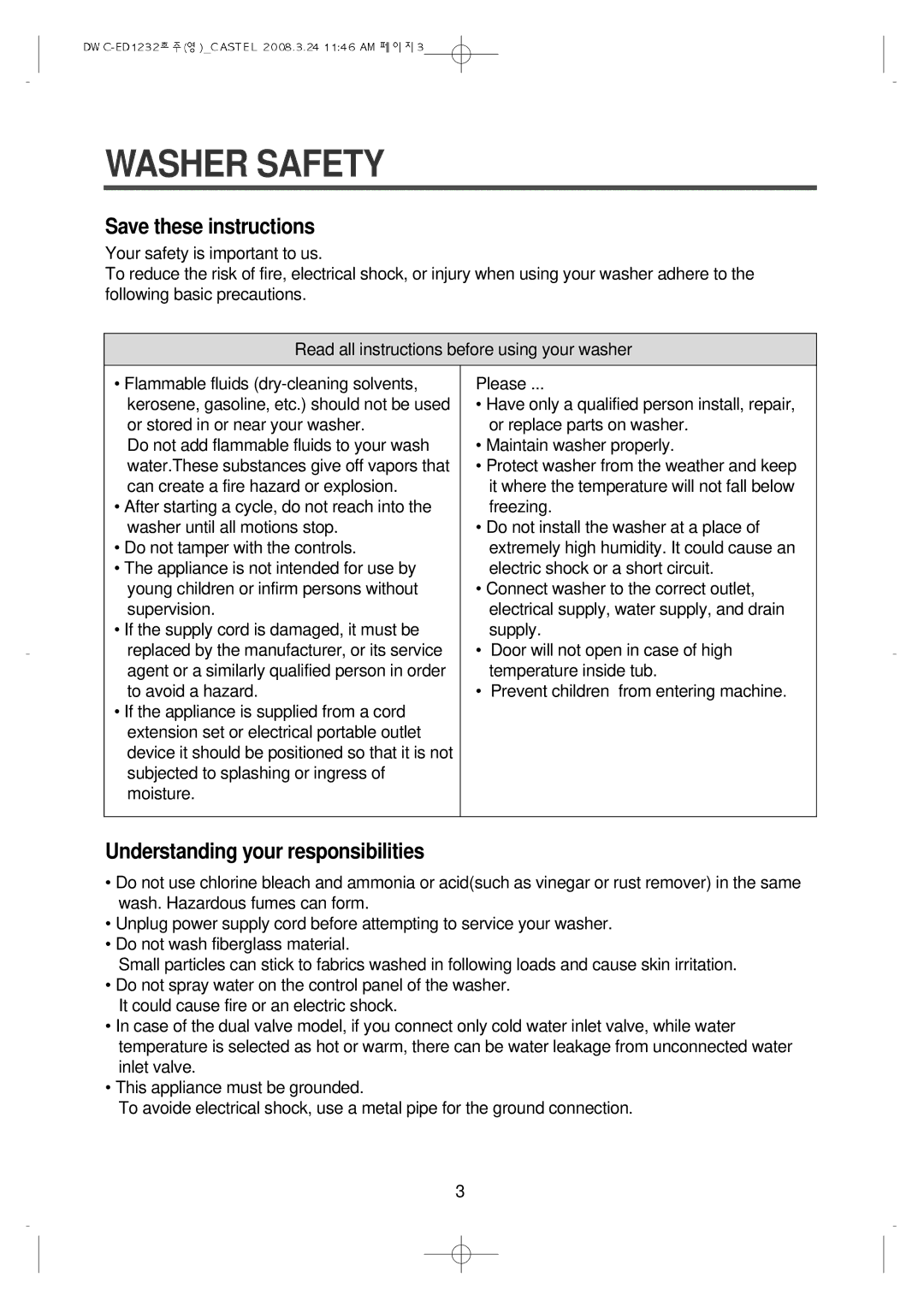 Daewoo DWC-ED1232 instruction manual Washer Safety, Understanding your responsibilities 