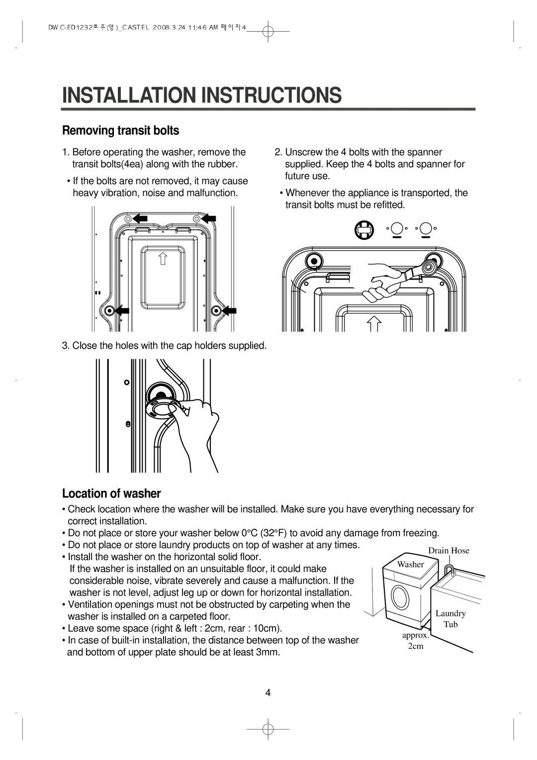 Daewoo DWC-ED1232 instruction manual Installation Instructions, Removing transit bolts 