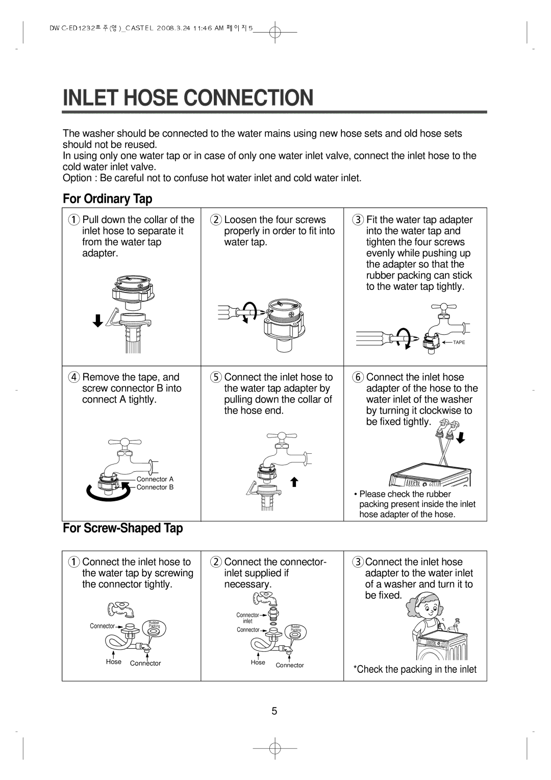 Daewoo DWC-ED1232 instruction manual Inlet Hose Connection, For Ordinary Tap 