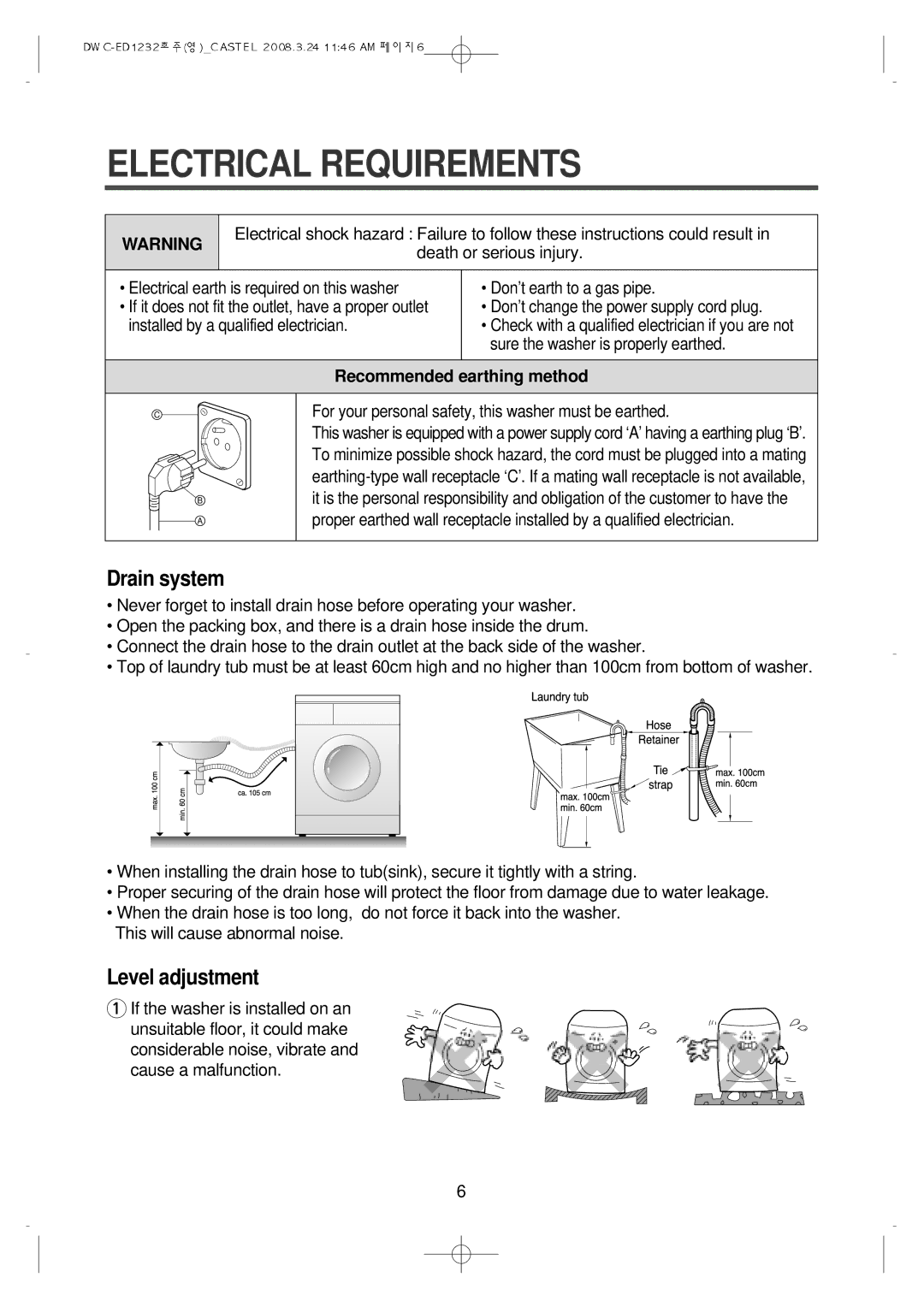 Daewoo DWC-ED1232 instruction manual Electrical Requirements, Recommended earthing method 