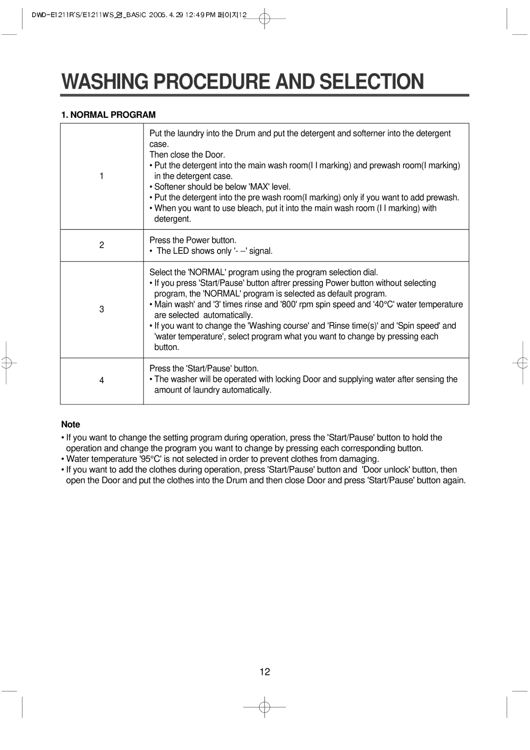 Daewoo DWD-E1211R'S, DWD-E1211W'S instruction manual Washing Procedure and Selection, Normal Program 