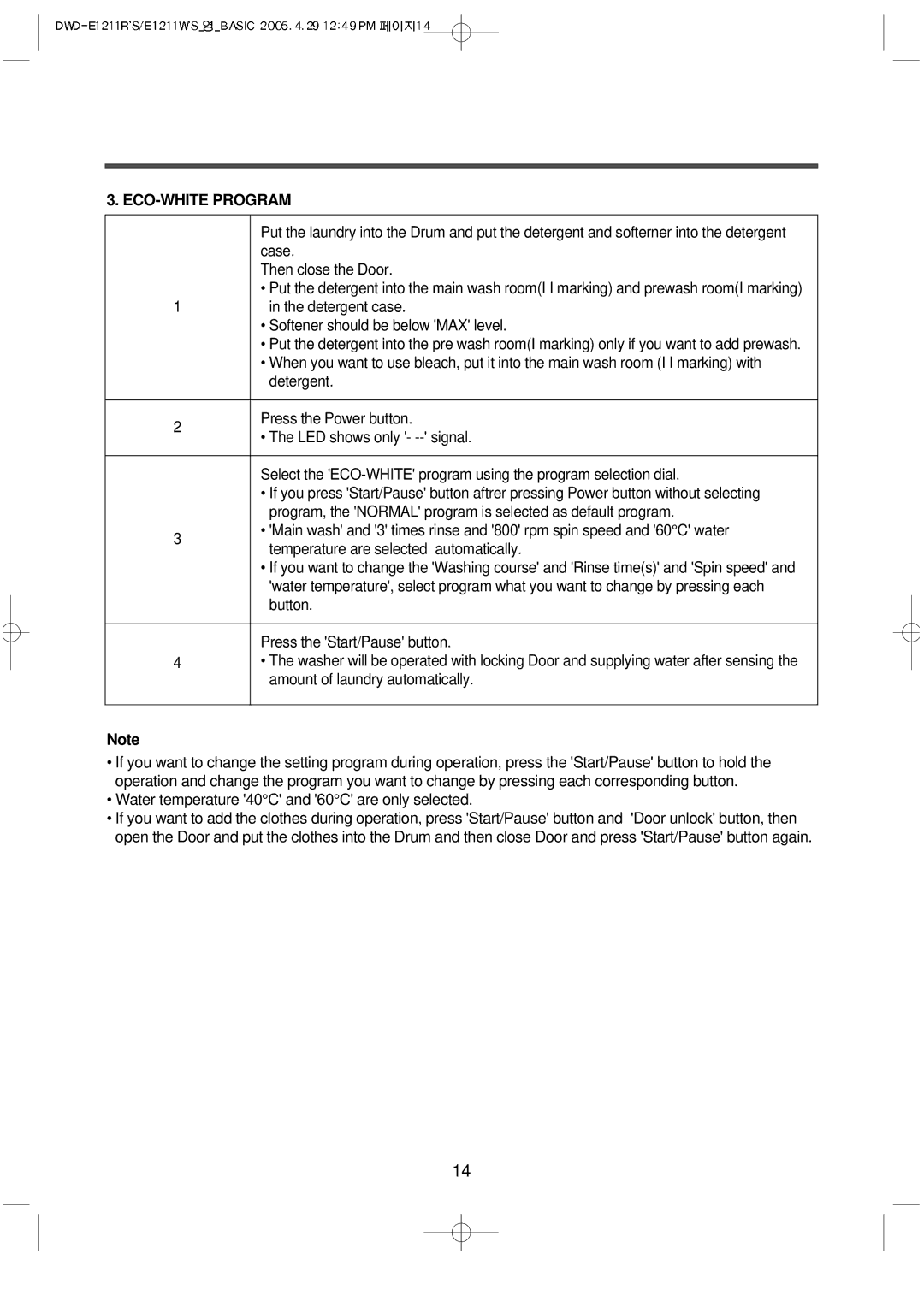 Daewoo DWD-E1211R'S, DWD-E1211W'S instruction manual ECO-WHITE Program 