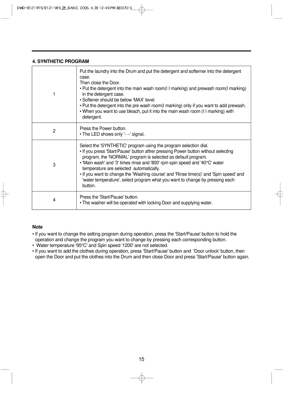 Daewoo DWD-E1211W'S, DWD-E1211R'S instruction manual Synthetic Program 