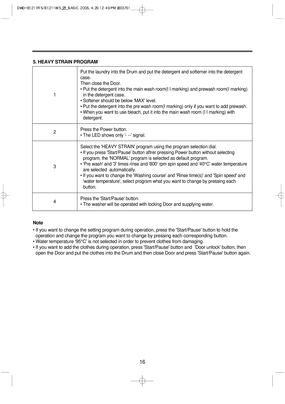 Daewoo DWD-E1211R'S, DWD-E1211W'S instruction manual Heavy Strain Program 