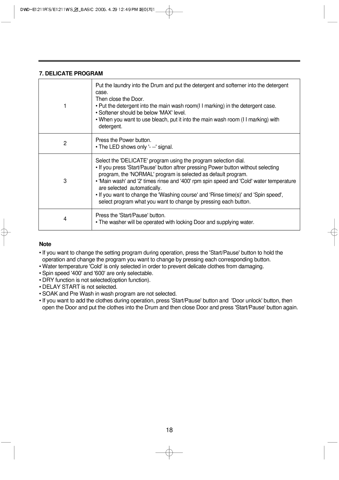 Daewoo DWD-E1211R'S, DWD-E1211W'S instruction manual Delicate Program 