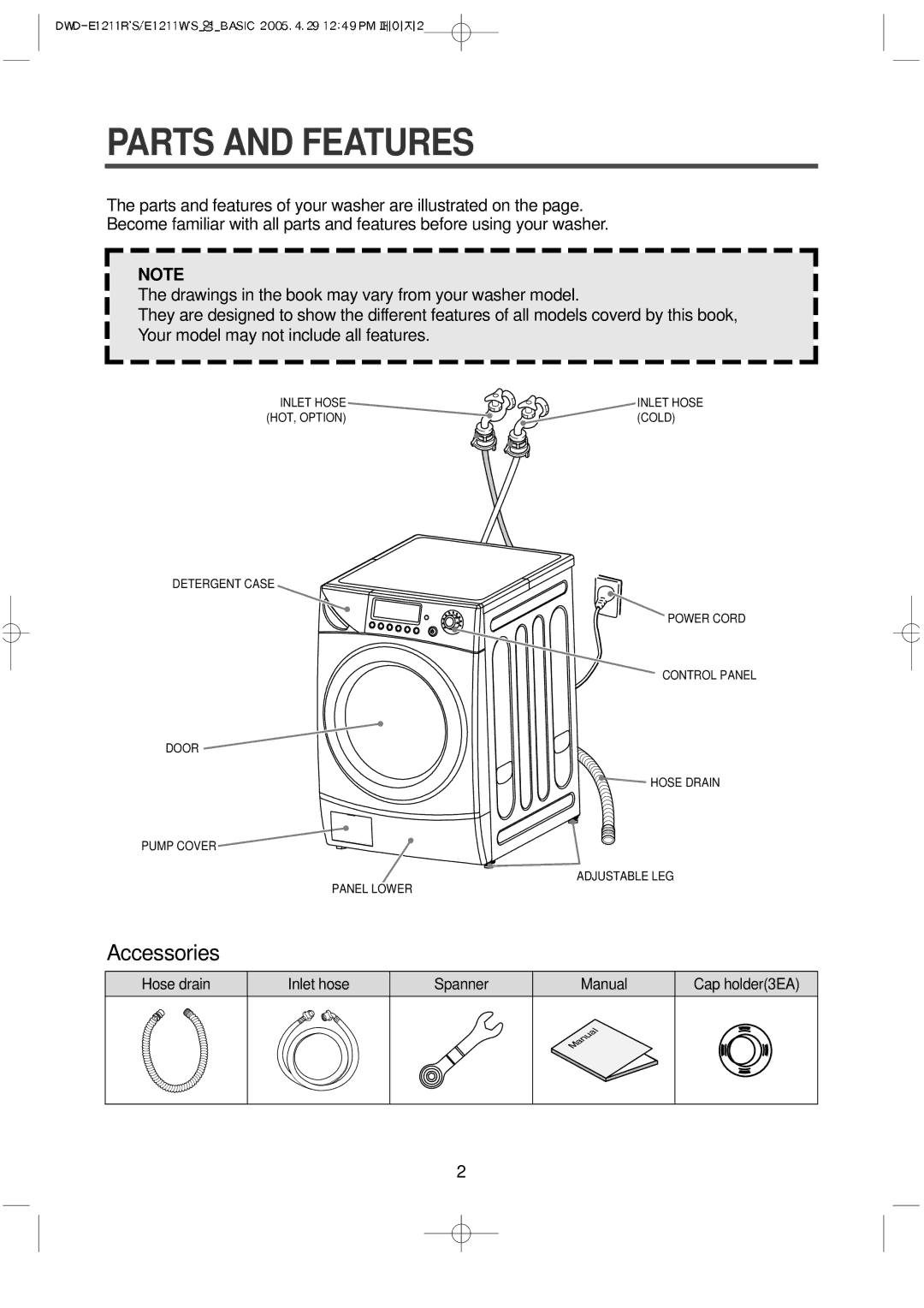 Daewoo DWD-E1211R'S, DWD-E1211W'S instruction manual Parts and Features 