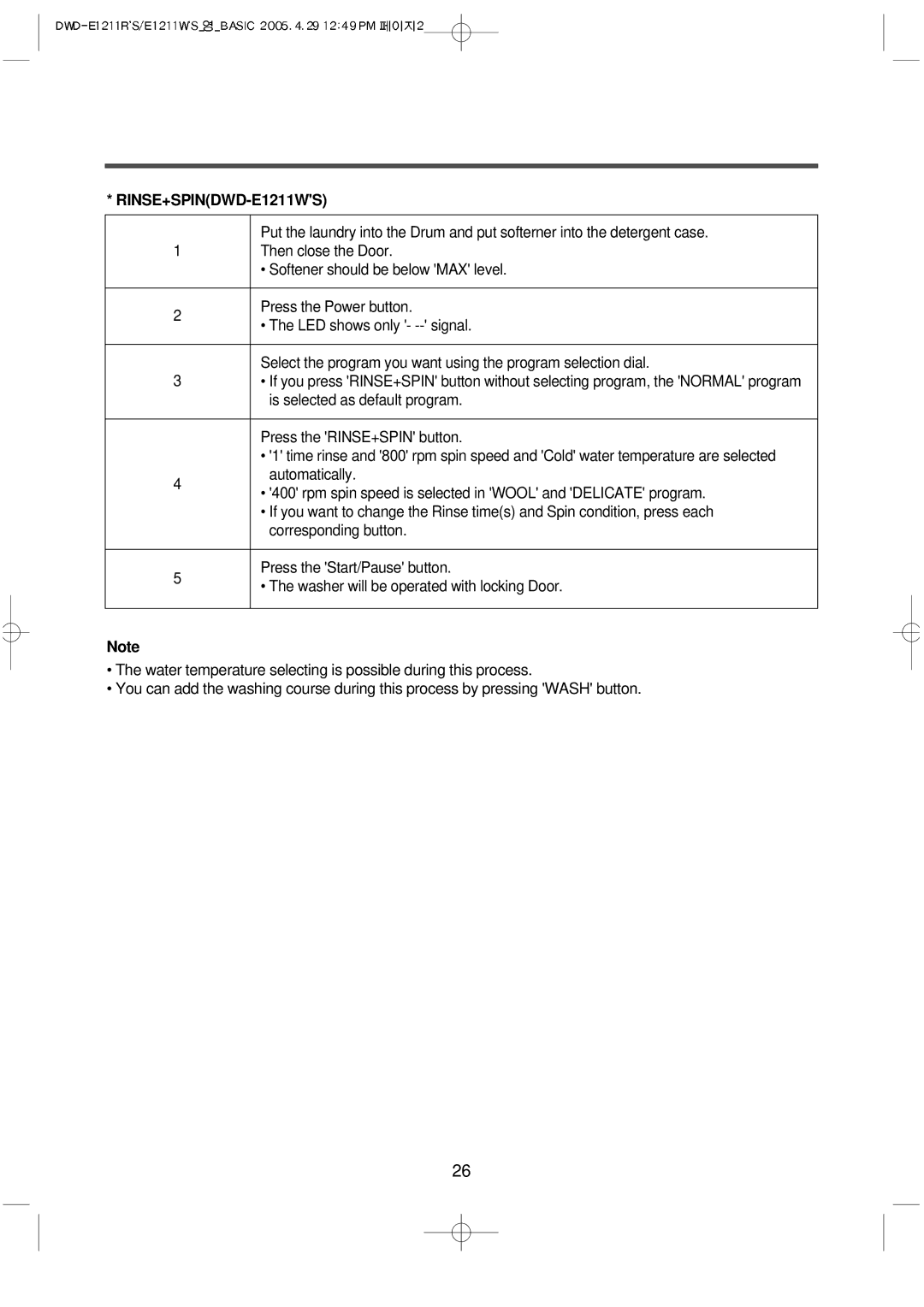 Daewoo DWD-E1211R'S, DWD-E1211W'S instruction manual RINSE+SPINDWD-E1211WS 