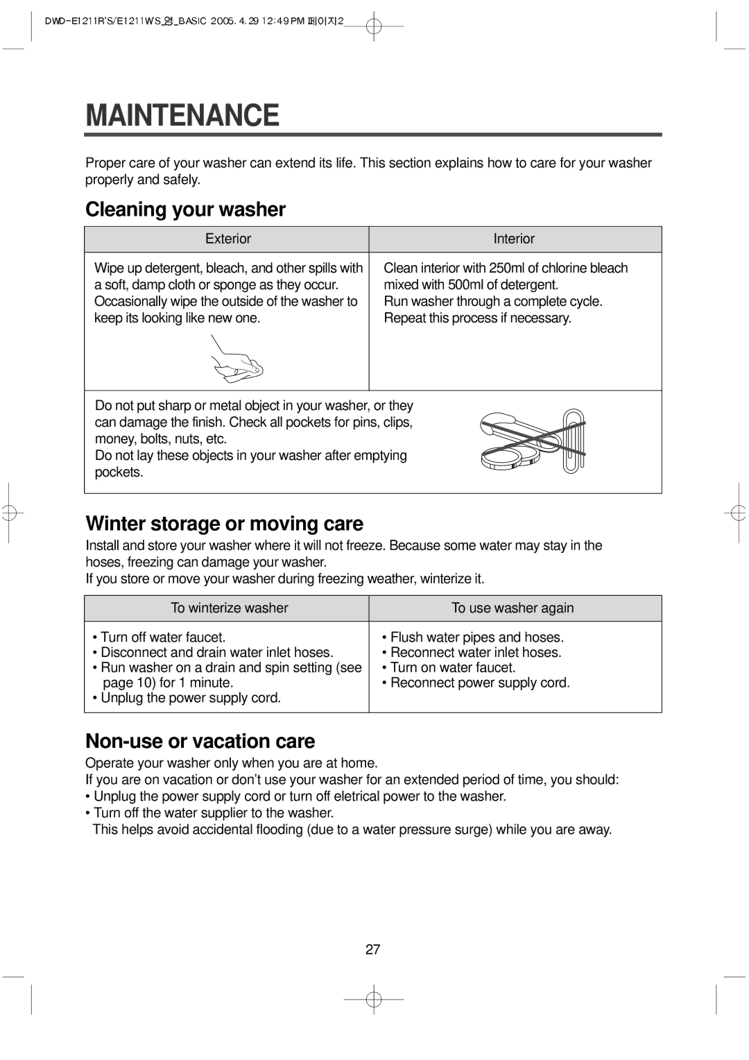 Daewoo DWD-E1211W'S, DWD-E1211R'S instruction manual Maintenance, Cleaning your washer 