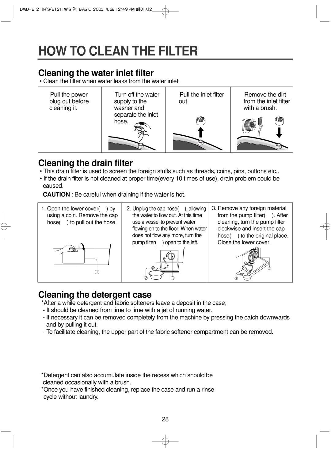 Daewoo DWD-E1211R'S, DWD-E1211W'S instruction manual HOW to Clean the Filter, Cleaning the water inlet filter 