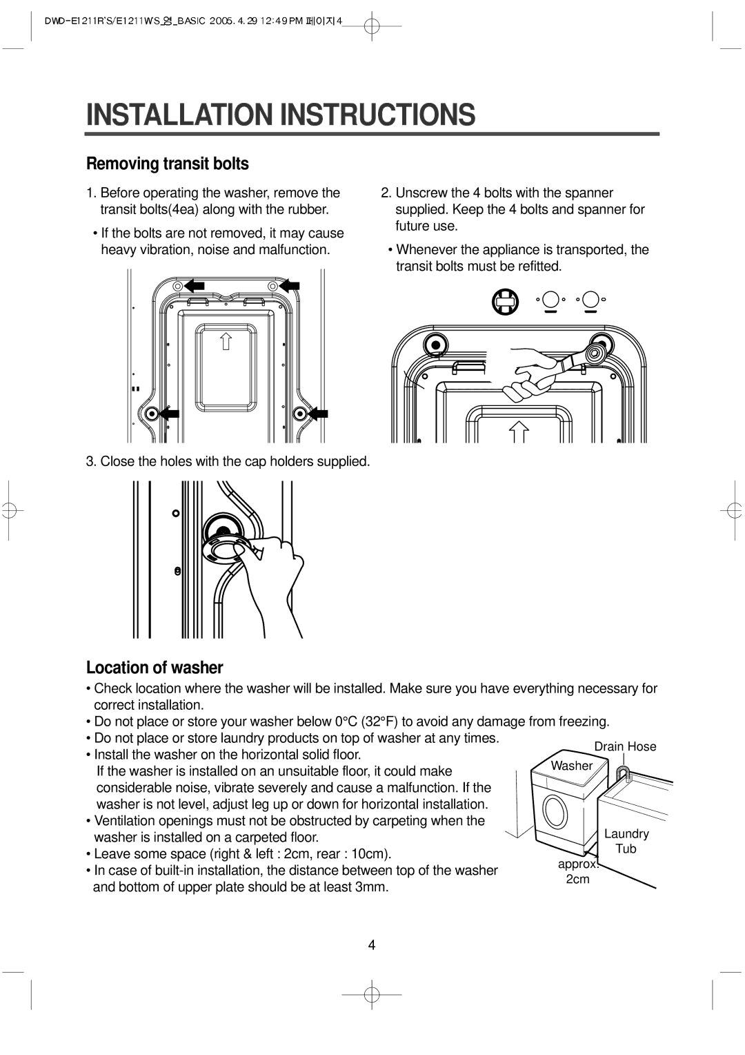 Daewoo DWD-E1211R'S, DWD-E1211W'S instruction manual Installation Instructions, Removing transit bolts 