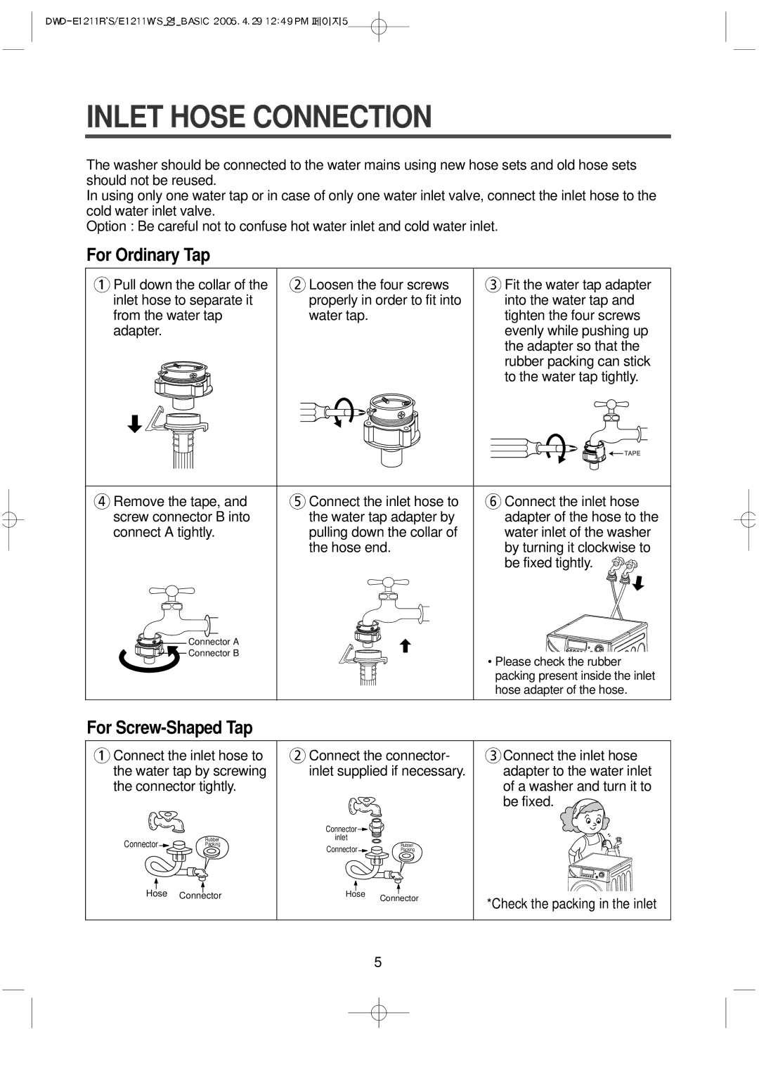 Daewoo DWD-E1211W'S, DWD-E1211R'S instruction manual Inlet Hose Connection, For Ordinary Tap 