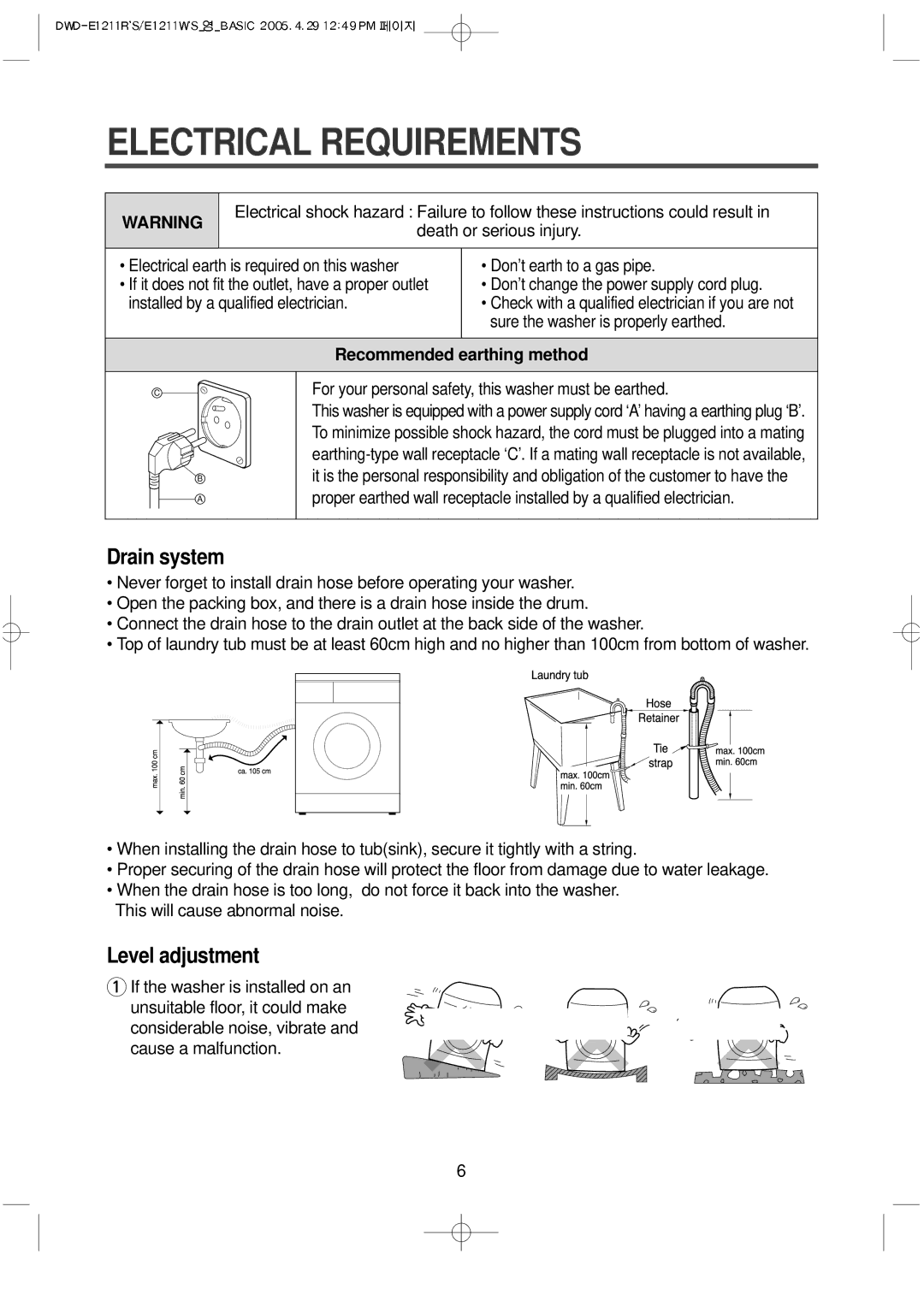 Daewoo DWD-E1211R'S, DWD-E1211W'S instruction manual Electrical Requirements, Recommended earthing method 