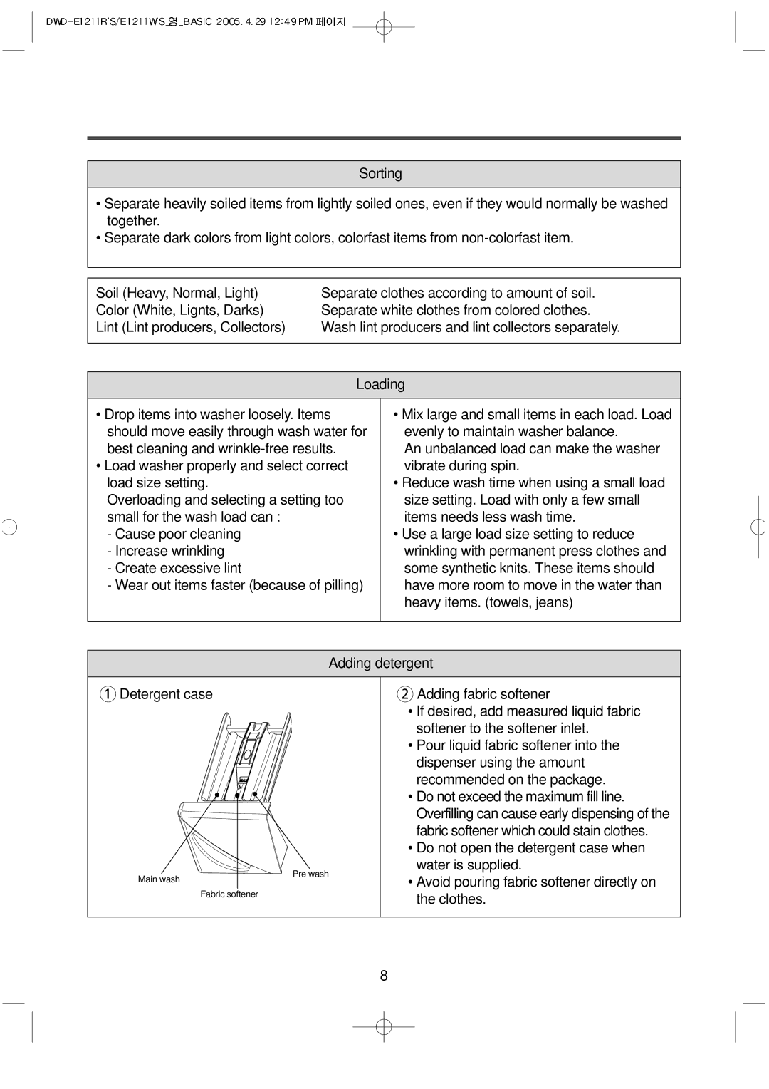 Daewoo DWD-E1211R'S, DWD-E1211W'S instruction manual If desired, add measured liquid fabric 