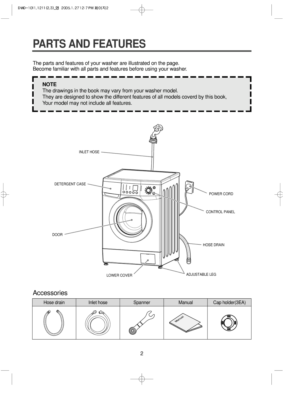 Daewoo DWD-F1211, DWD-F1213'S, DWD-F1013'S, DWD-F1212, DWD-F1012 instruction manual Parts and Features 