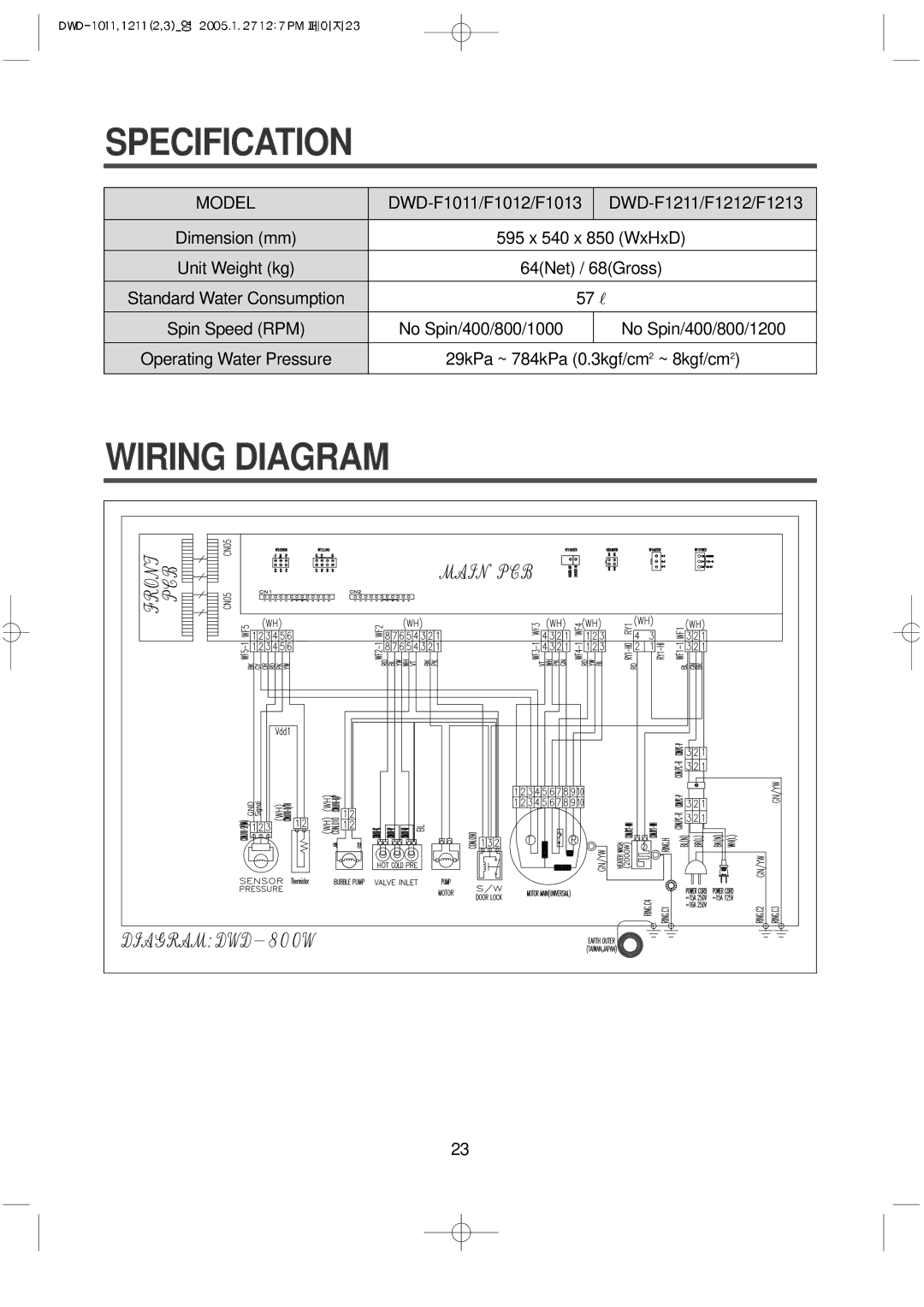 Daewoo DWD-F1212, DWD-F1213'S, DWD-F1013'S, DWD-F1211, DWD-F1012 instruction manual Specification, Wiring Diagram 