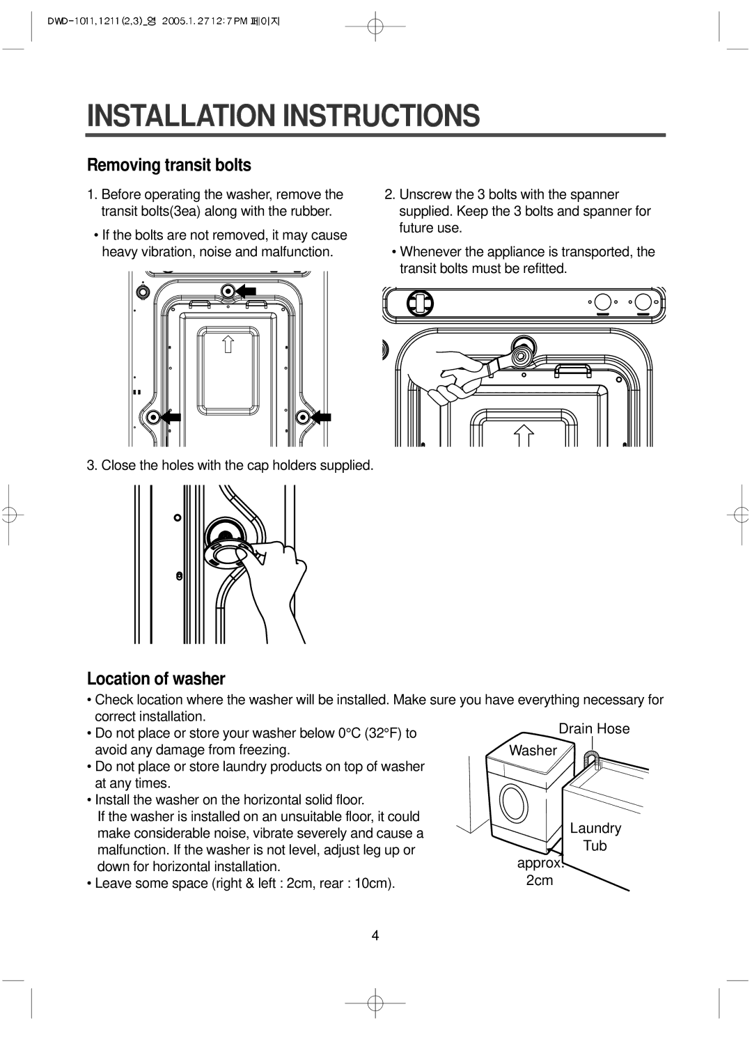 Daewoo DWD-F1012, DWD-F1213'S, DWD-F1013'S, DWD-F1211 Installation Instructions, Removing transit bolts, Location of washer 