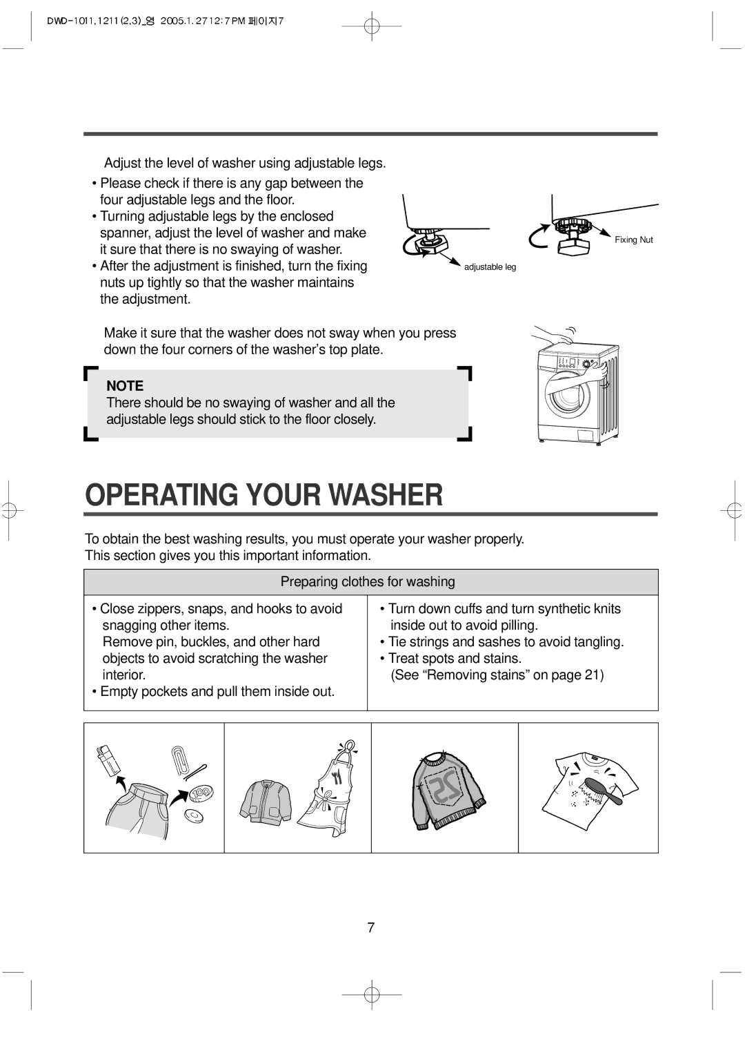 Daewoo DWD-F1211, DWD-F1213'S, DWD-F1013'S, DWD-F1212, DWD-F1012 instruction manual Operating Your Washer 