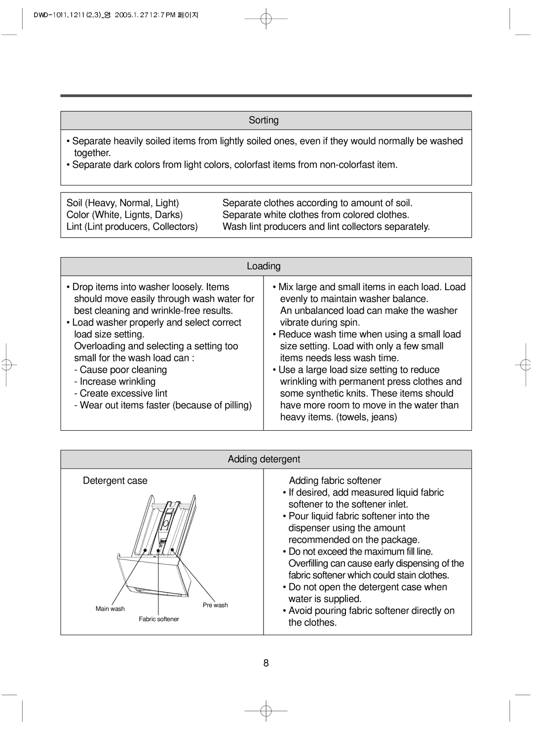 Daewoo DWD-F1212, DWD-F1213'S, DWD-F1013'S, DWD-F1211, DWD-F1012 instruction manual If desired, add measured liquid fabric 