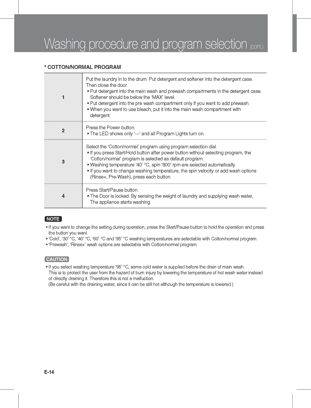 Daewoo DWD-LD141X, DWC-LD141X instruction manual COTTON/NORMAL Program 