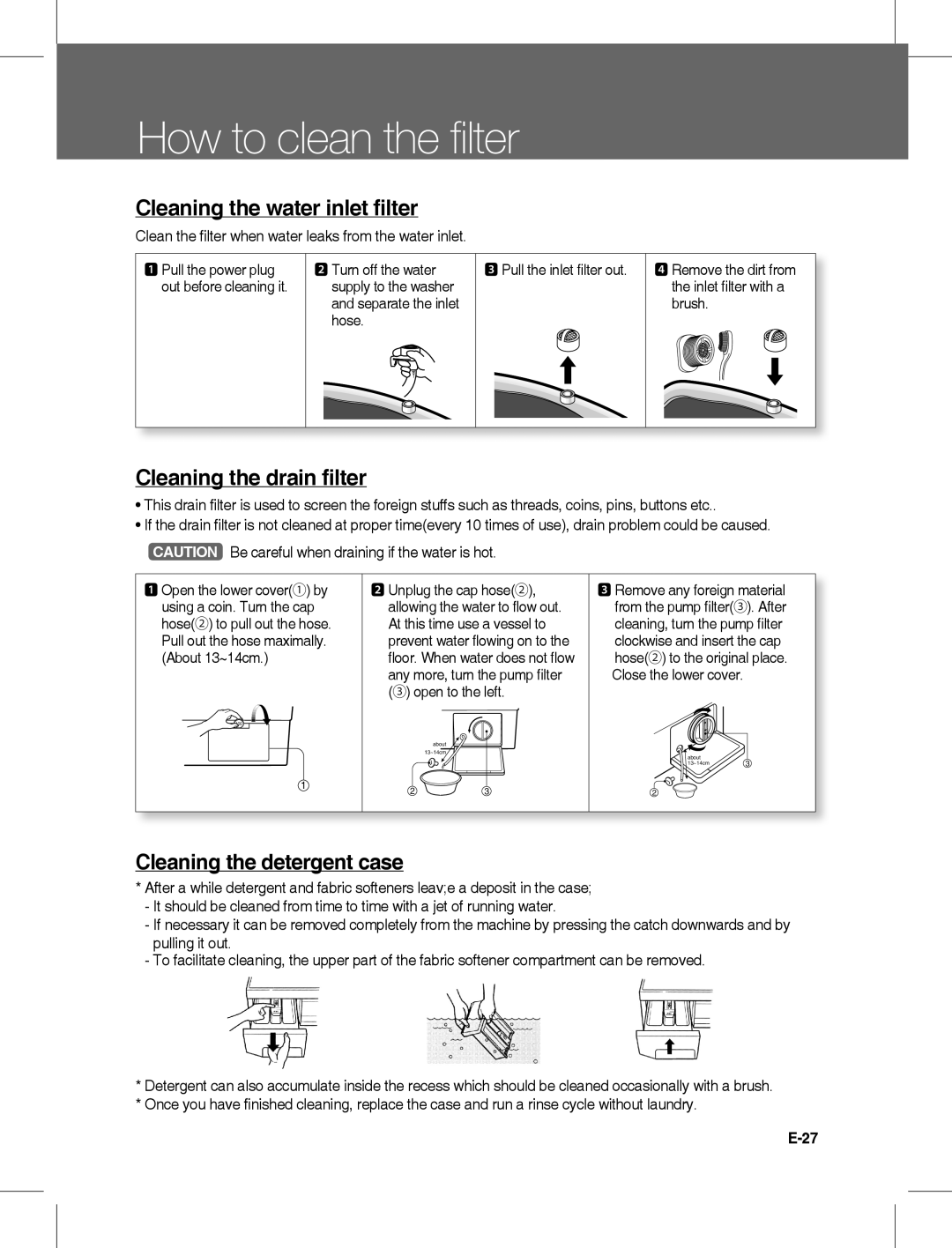 Daewoo DWC-LD141X, DWD-LD141X How to clean the filter, Cleaning the water inlet filter, Cleaning the drain filter 