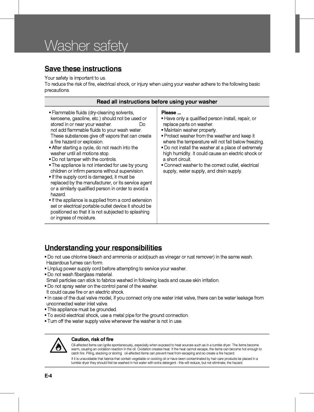 Daewoo DWD-LD141X, DWC-LD141X instruction manual Washer safety, Understanding your responsibilities, Please 