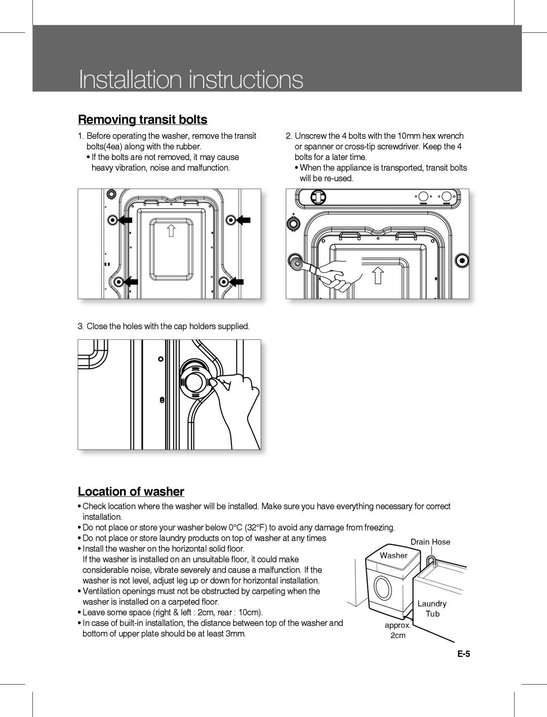 Daewoo DWC-LD141X, DWD-LD141X instruction manual InstallationEl instructions, Removing transit bolts, Location of washer 