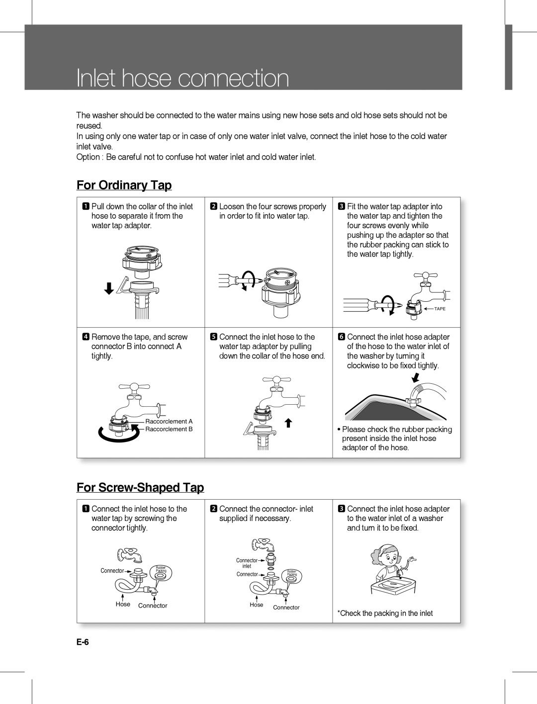 Daewoo DWD-LD141X, DWC-LD141X instruction manual Inlet hose connection, For Ordinary Tap, For Screw-Shaped Tap 