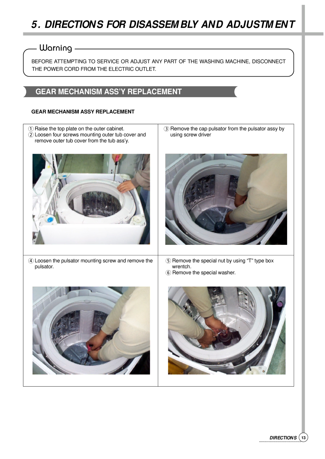 Daewoo DWF-176S, Auto Washer service manual Directions for Disassembly and Adjustment, Gear Mechanism ASS’Y Replacement 