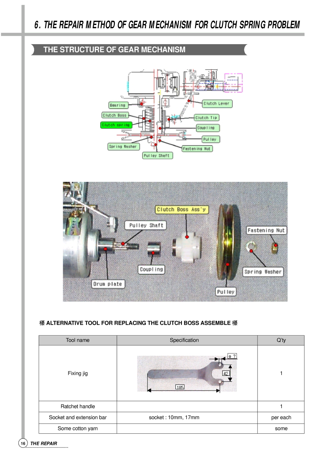 Daewoo Auto Washer, DWF-176S Structure of Gear Mechanism, Alternative Tool for Replacing the Clutch Boss Assemble 