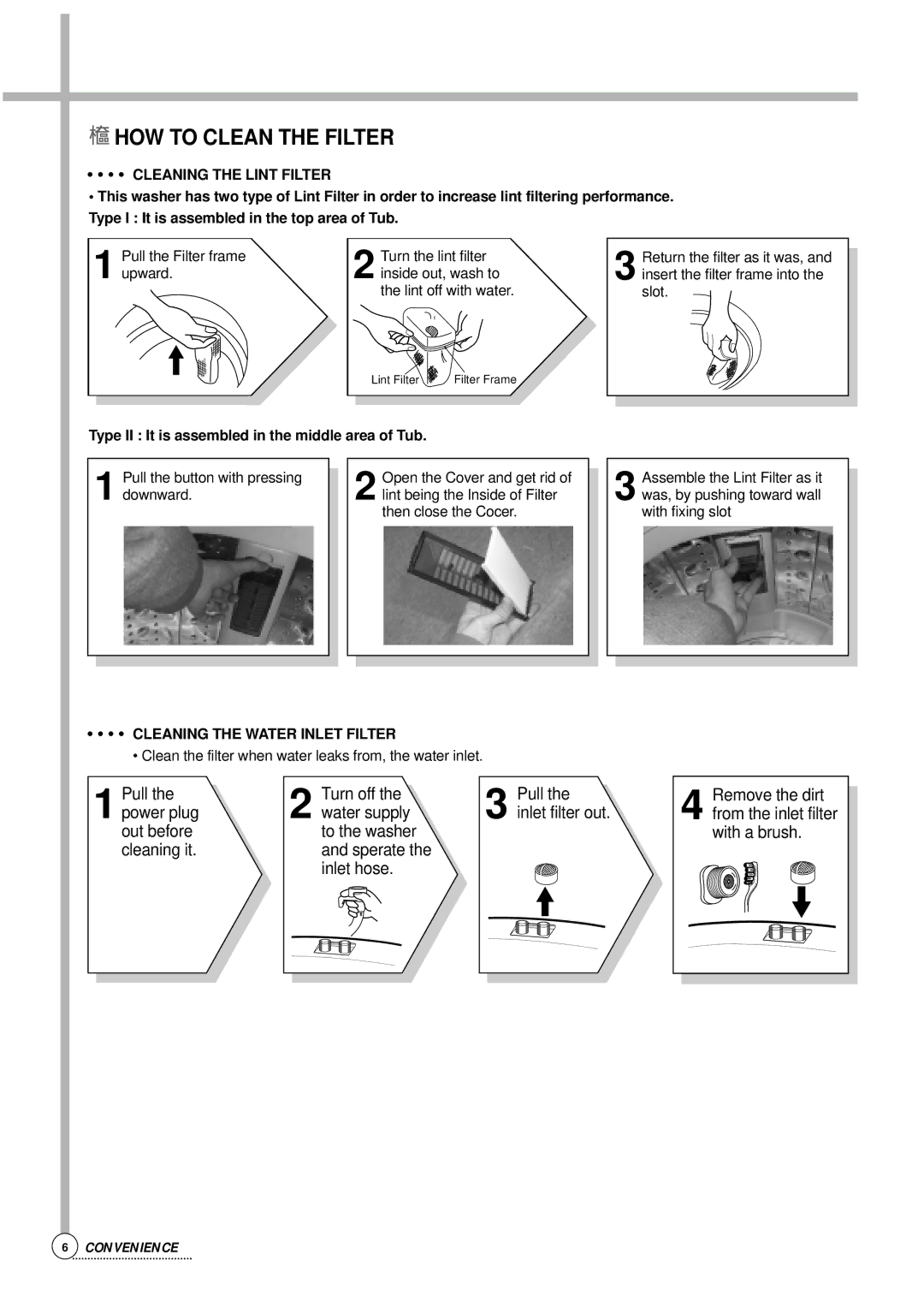 Daewoo Auto Washer, DWF-176S service manual Cleaning the Lint Filter, Cleaning the Water Inlet Filter 