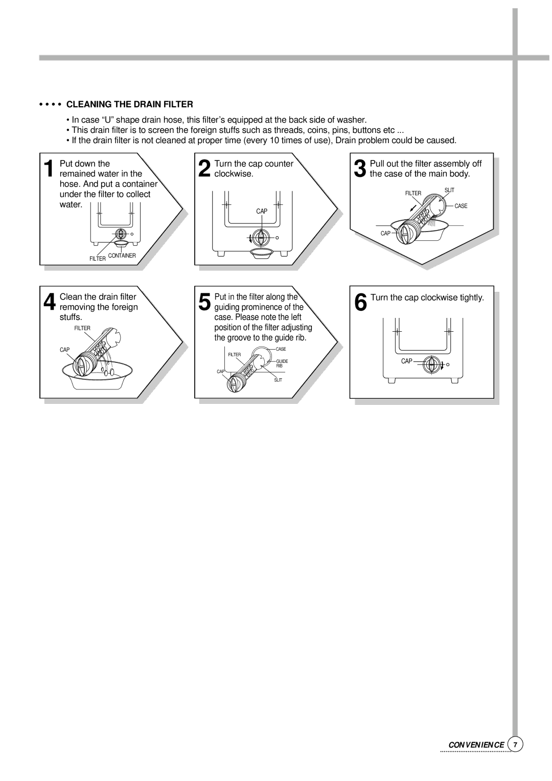 Daewoo DWF-176S, Auto Washer service manual Cleaning the Drain Filter, 4Clean the drain filter removing the foreign stuffs 