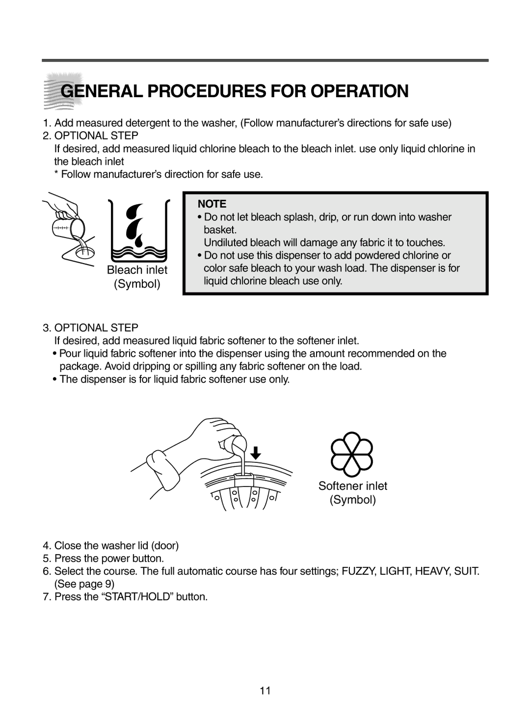 Daewoo DWF-6010 instruction manual General Procedures for Operation, Optional Step 