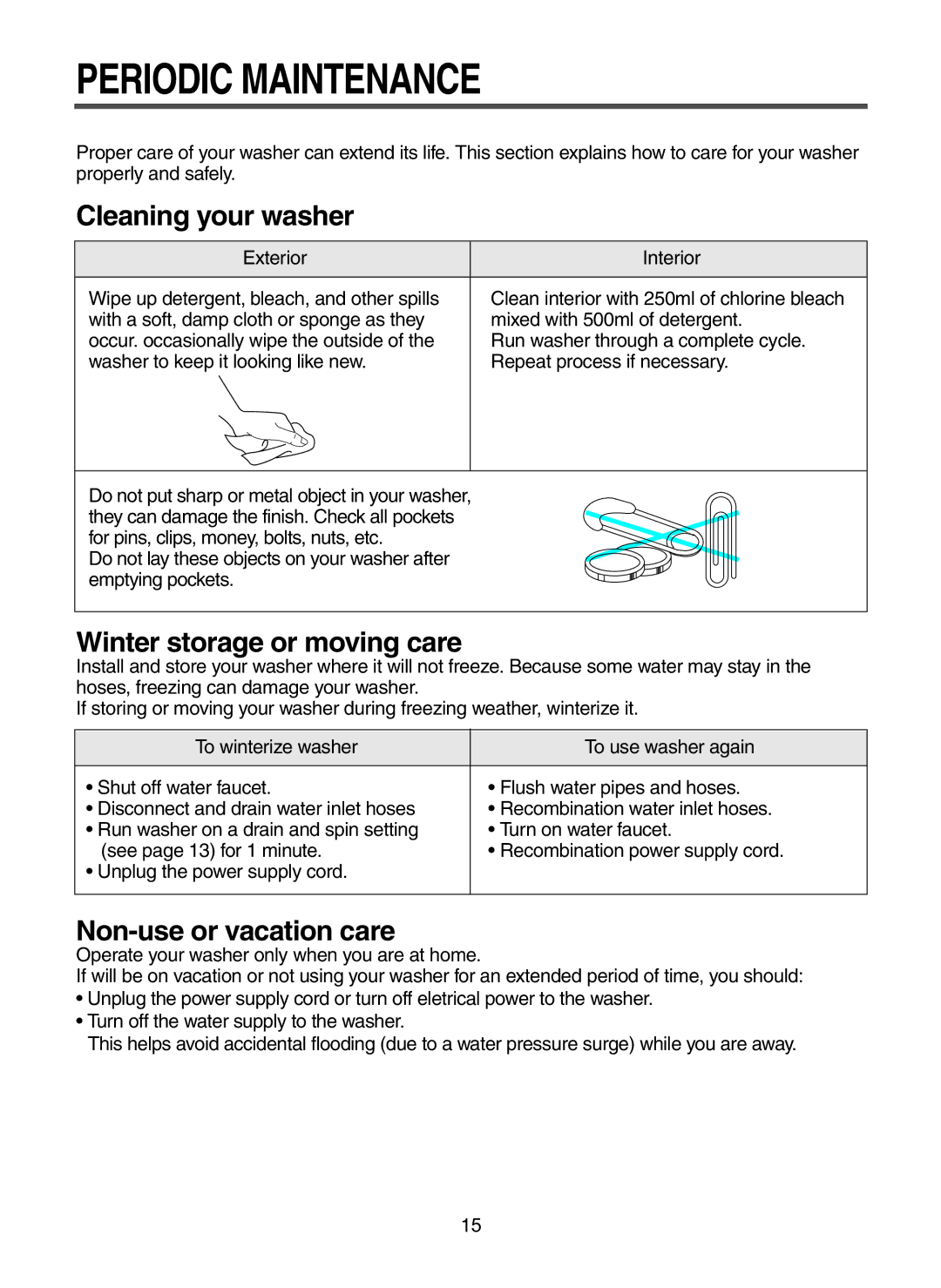 Daewoo DWF-6010 Periodic Maintenance, Cleaning your washer, Winter storage or moving care, Non-use or vacation care 