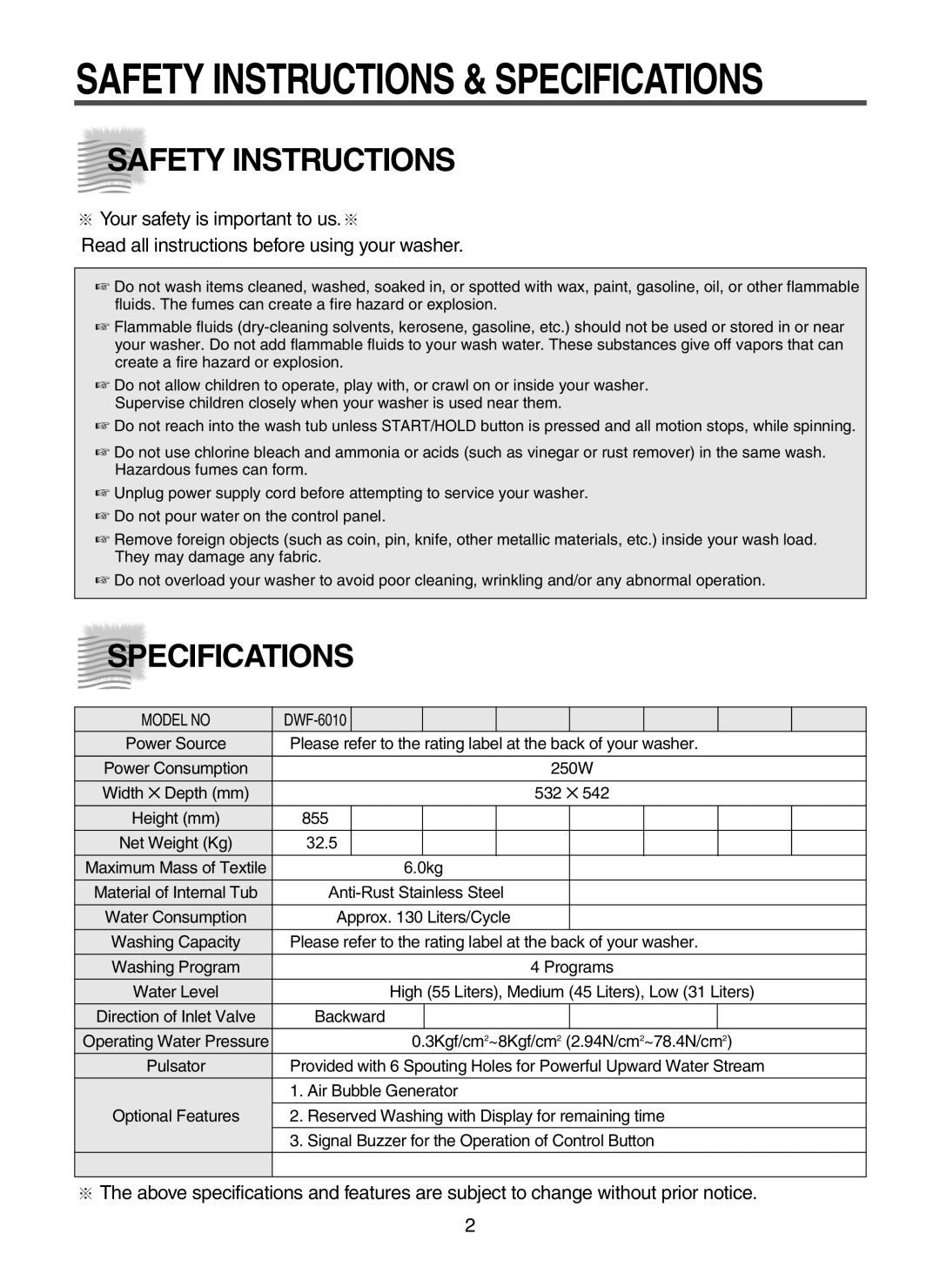 Daewoo DWF-6010 instruction manual Safety Instructions, Specifications 