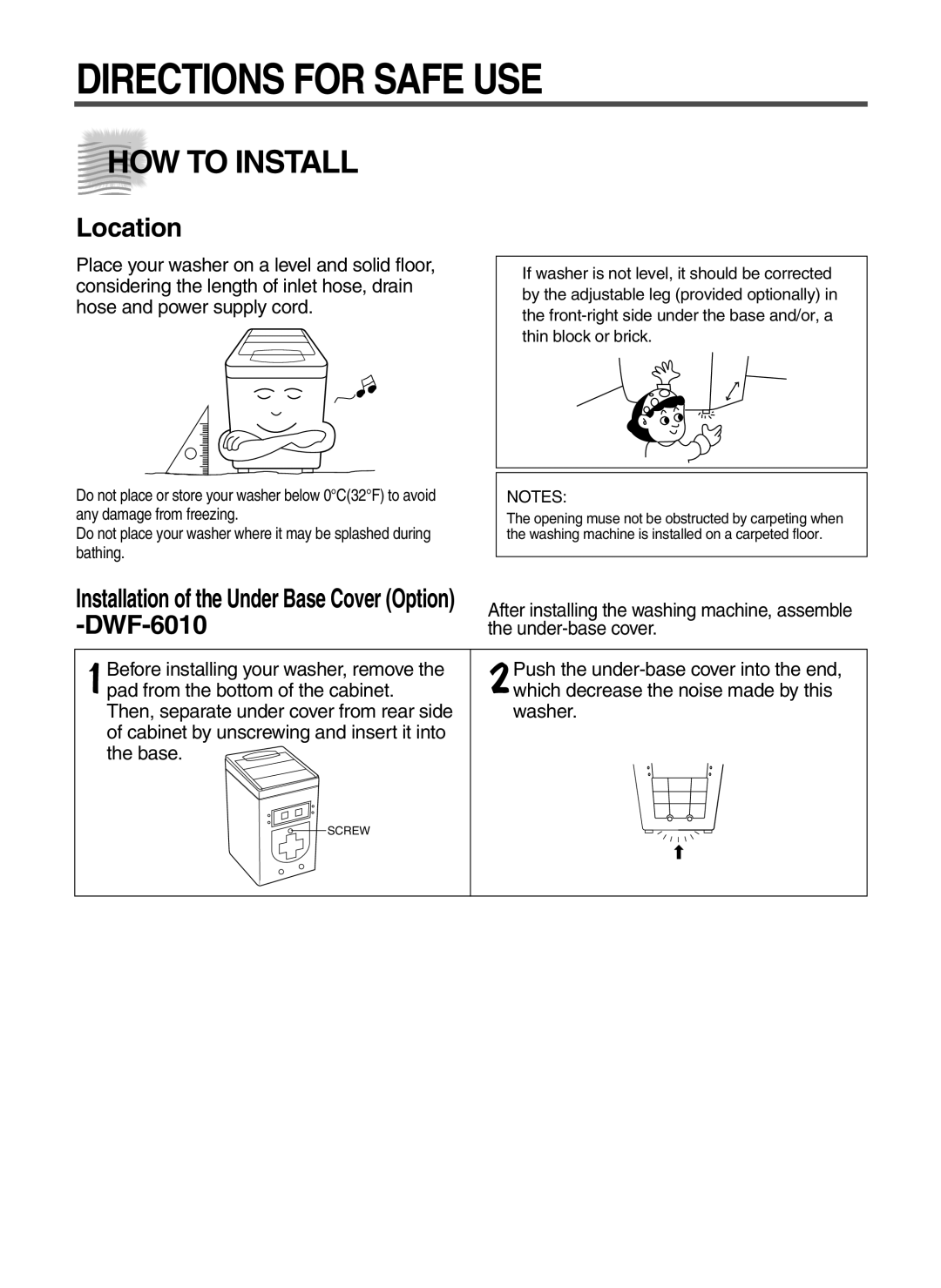 Daewoo DWF-6010 instruction manual Directions for Safe, HOW to Install, Location 