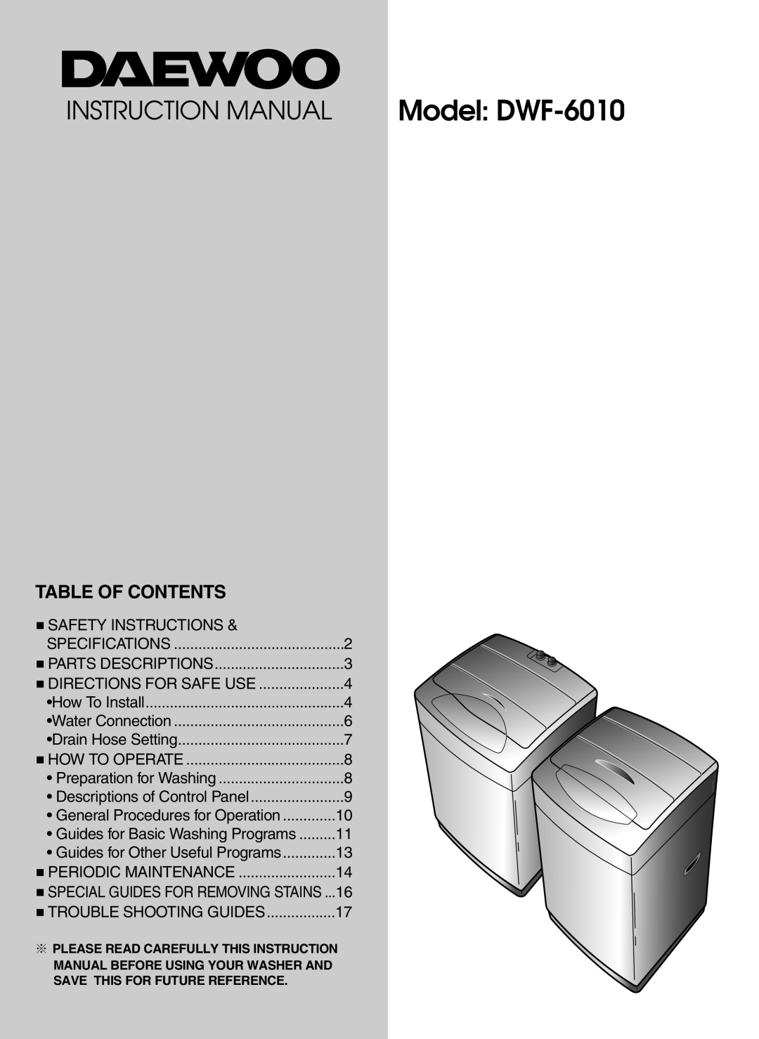 Daewoo instruction manual Table Of Contents, Model DWF-6010 