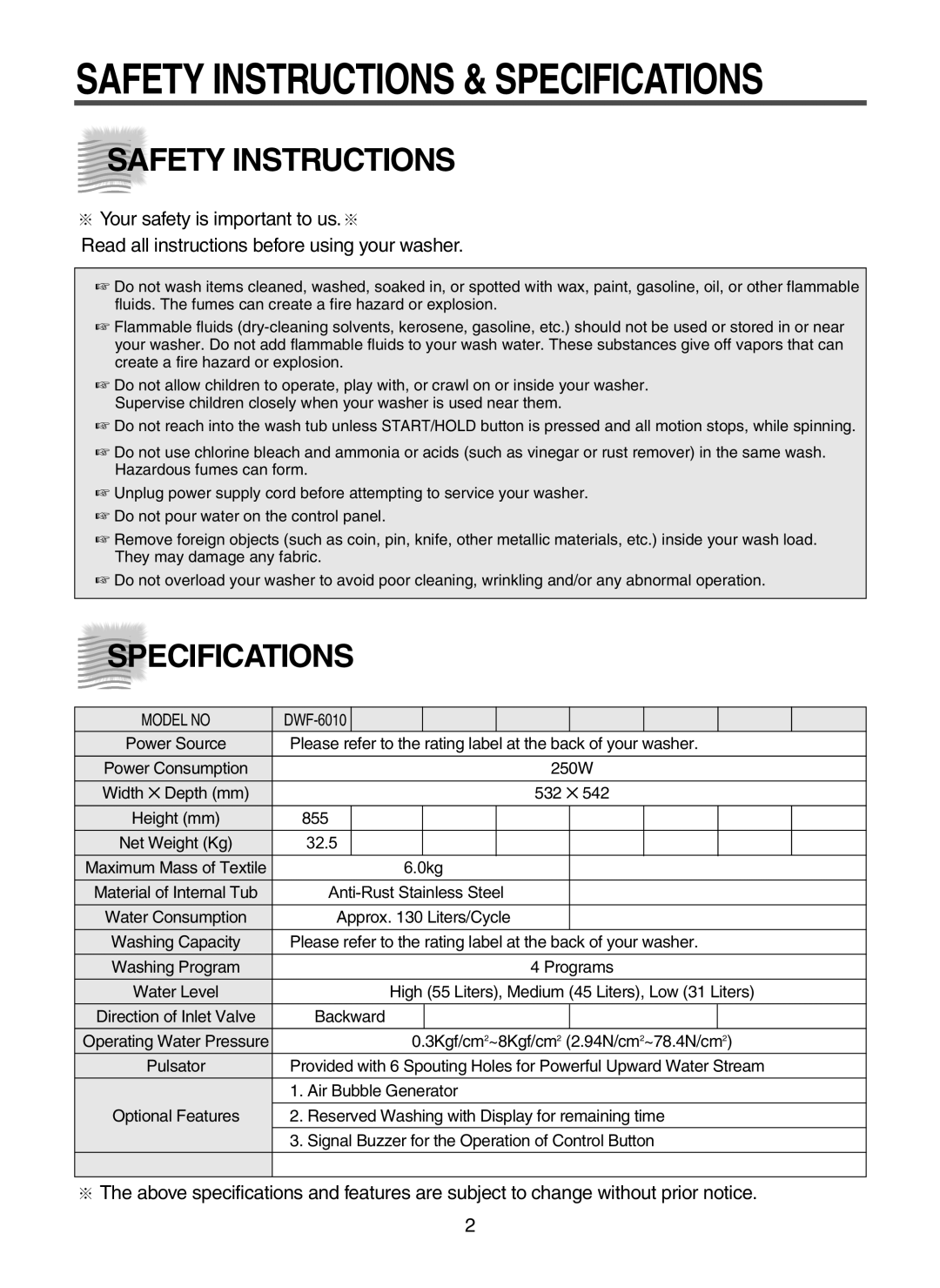 Daewoo DWF-6010 instruction manual Safety Instructions & Specifications 