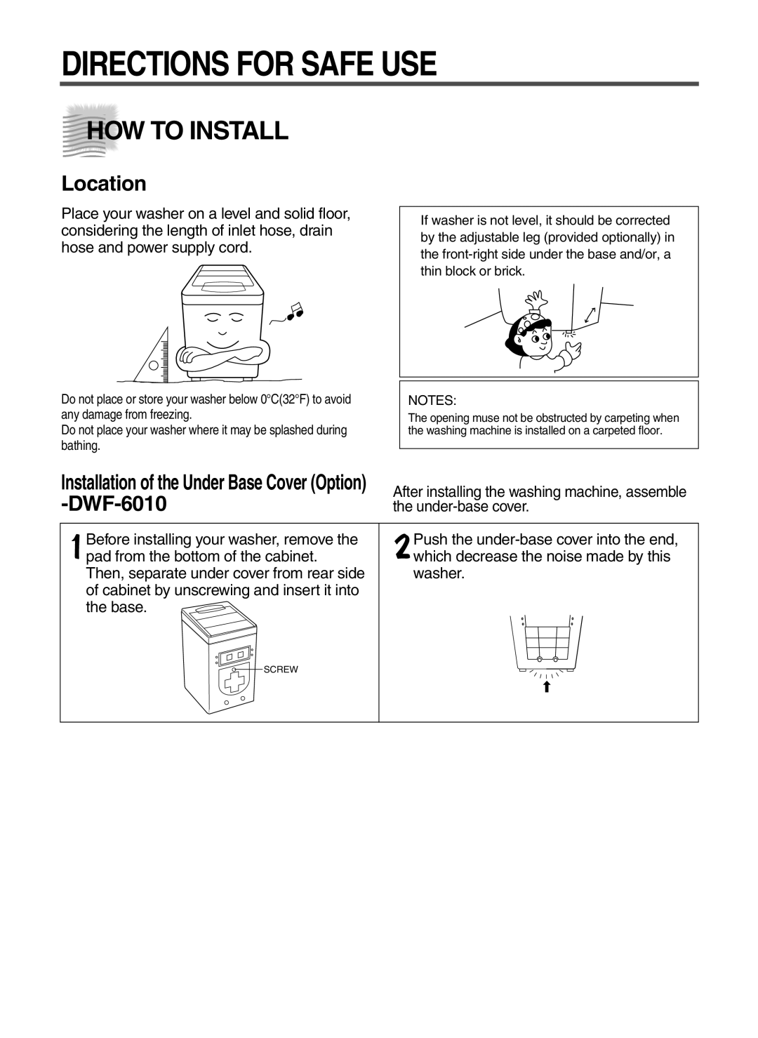 Daewoo DWF-6010 instruction manual Directions For Safe, How To Install, Location 