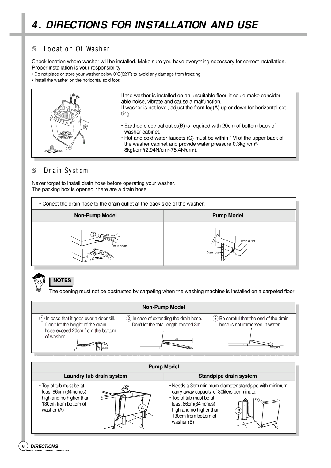 Daewoo DWF-802, DWF-806, DWF-808, DWF-805, DWF-756, DWF-803, DWF-758 Directions for Installation and USE, § Location of Washer 