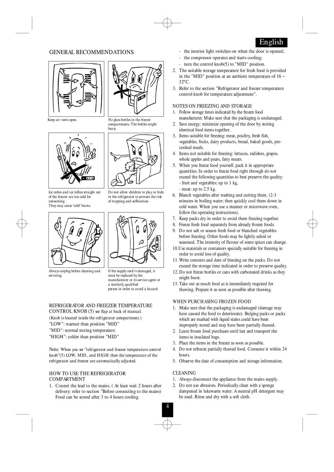 Daewoo ERF-100 manual When Purchasing Frozen Food, HOW to USE the Refrigerator Compartment, Cleaning 