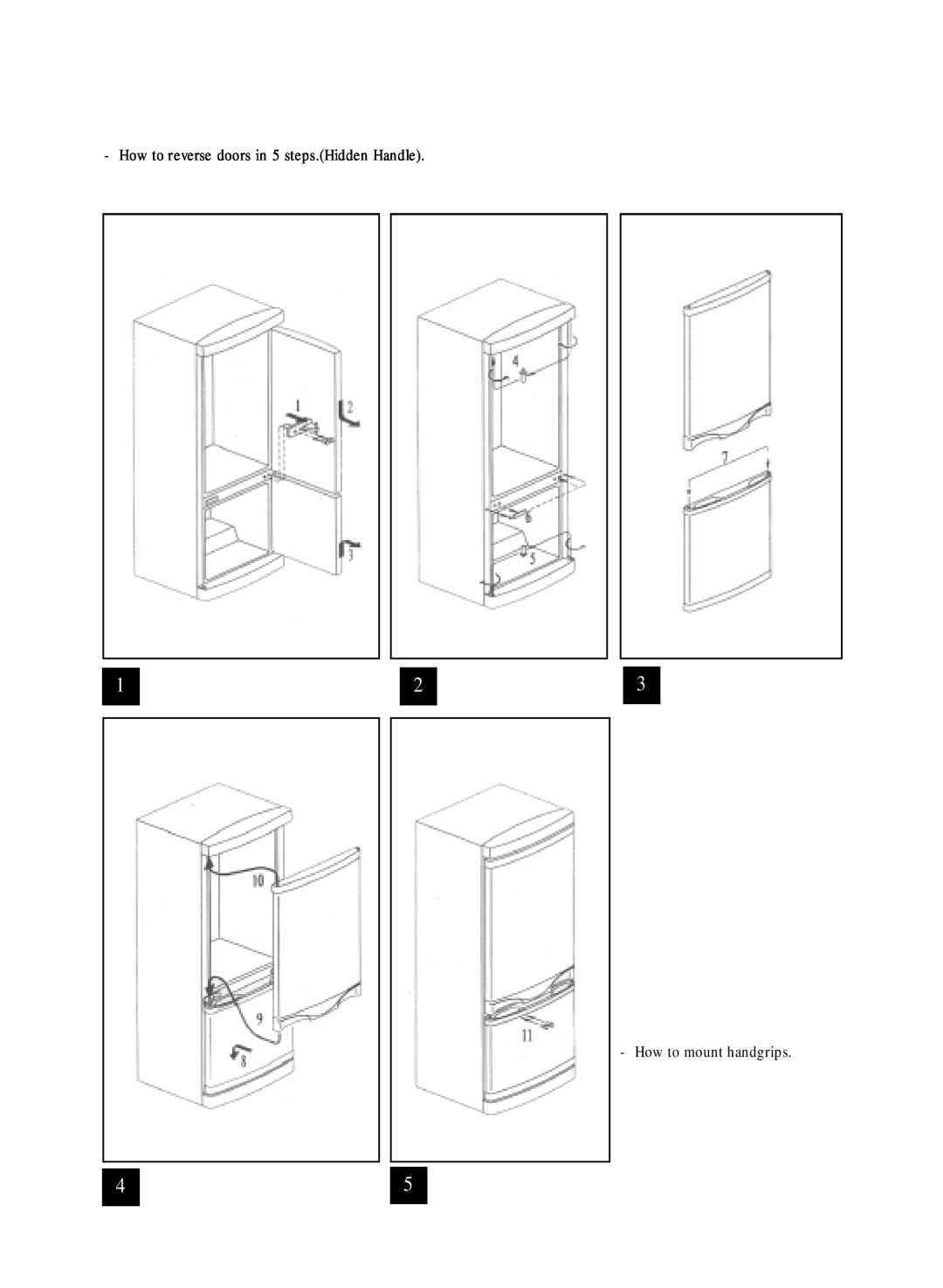 Daewoo ERF-100 manual How to reverse doors in 5 steps.Hidden Handle, How to mount handgrips 