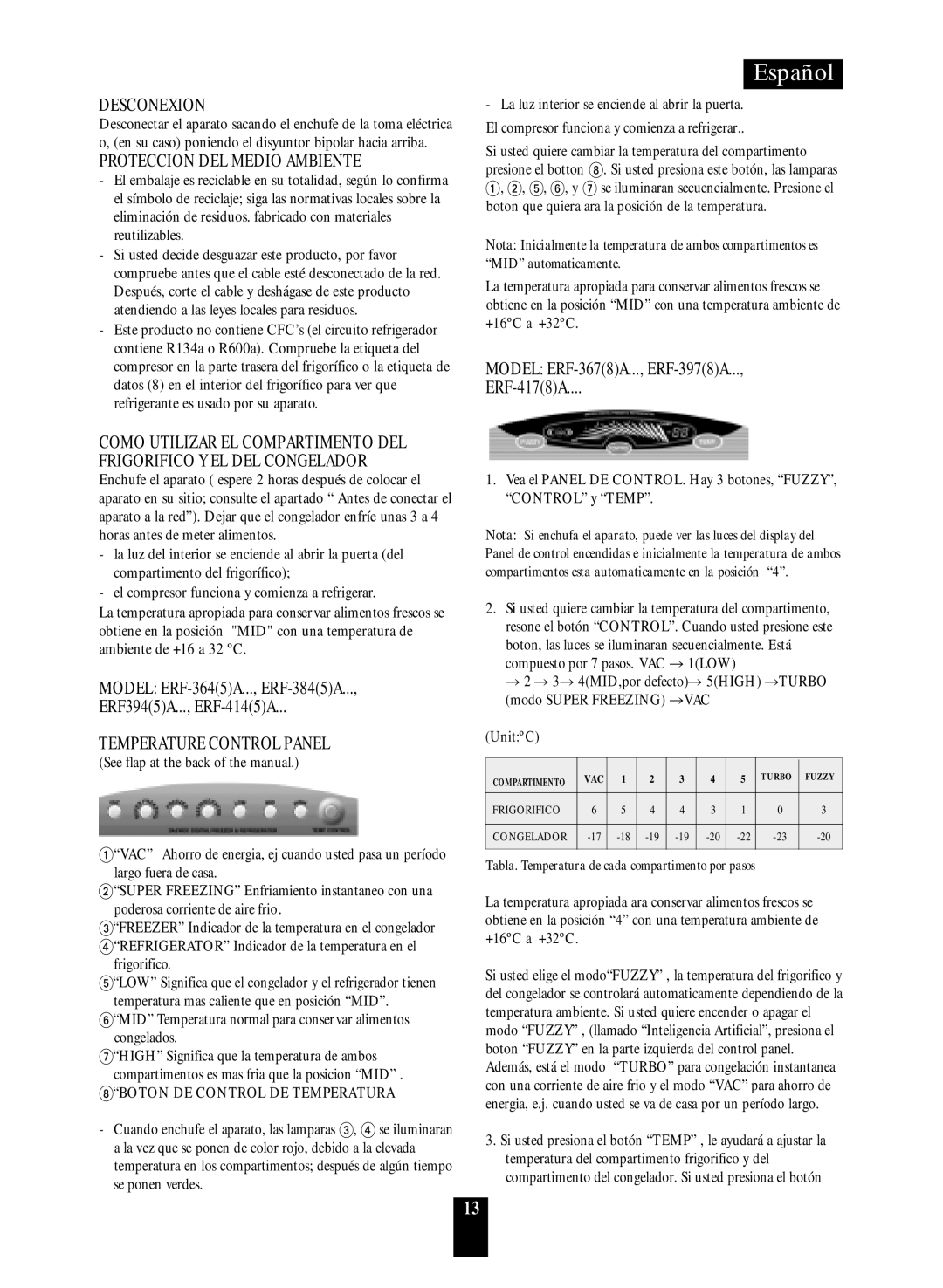 Daewoo RF-39.A Desconexion, Proteccion DEL Medio Ambiente, 6MID Temperatura normal para conservar alimentos congelados 