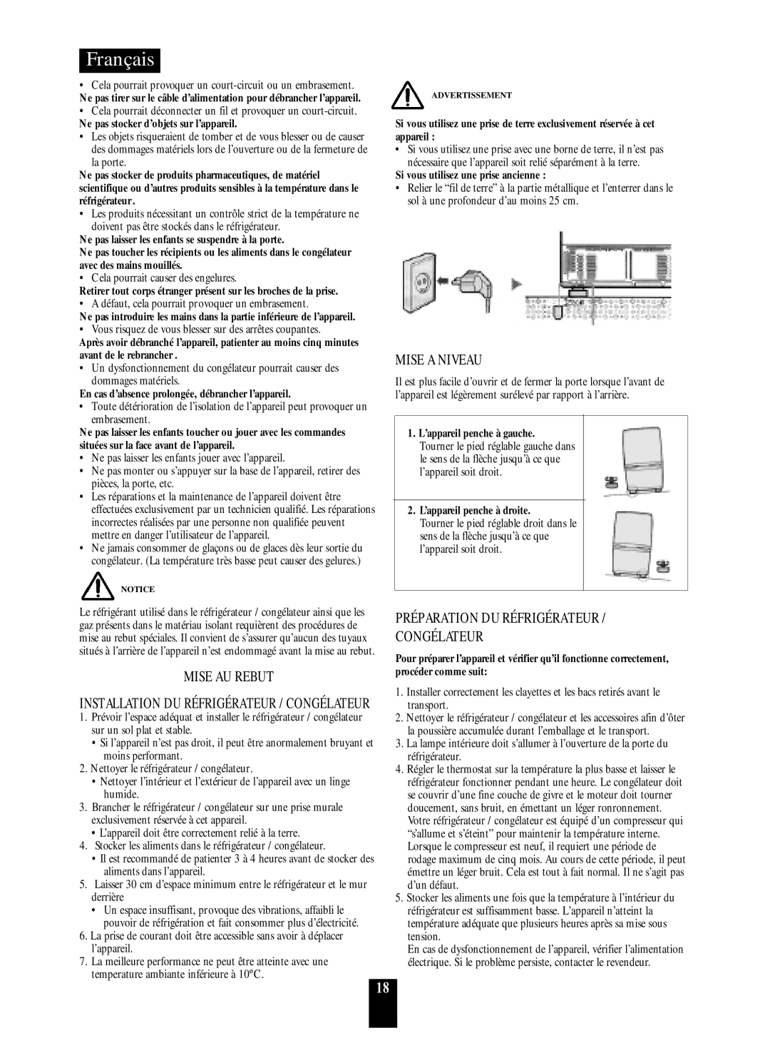 Daewoo ERF-36.A, RF-39.A, ERF-41.A, ERF-38.A manual Mise AU Rebut, Mise a Niveau, Préparation DU Réfrigérateur Congélateur 