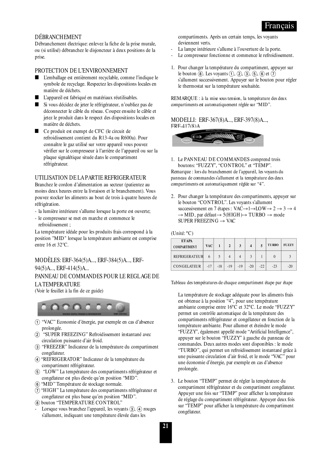 Daewoo ERF-38.A manual Débranchement, Protection DE L’ENVIRONNEMENT, Panneau DE Commandes Pour LE Reglage DE LA Temperature 